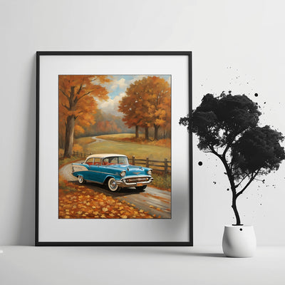 Vintage autumn car wall art featuring a blue classic car on a leaf-covered road with fall trees