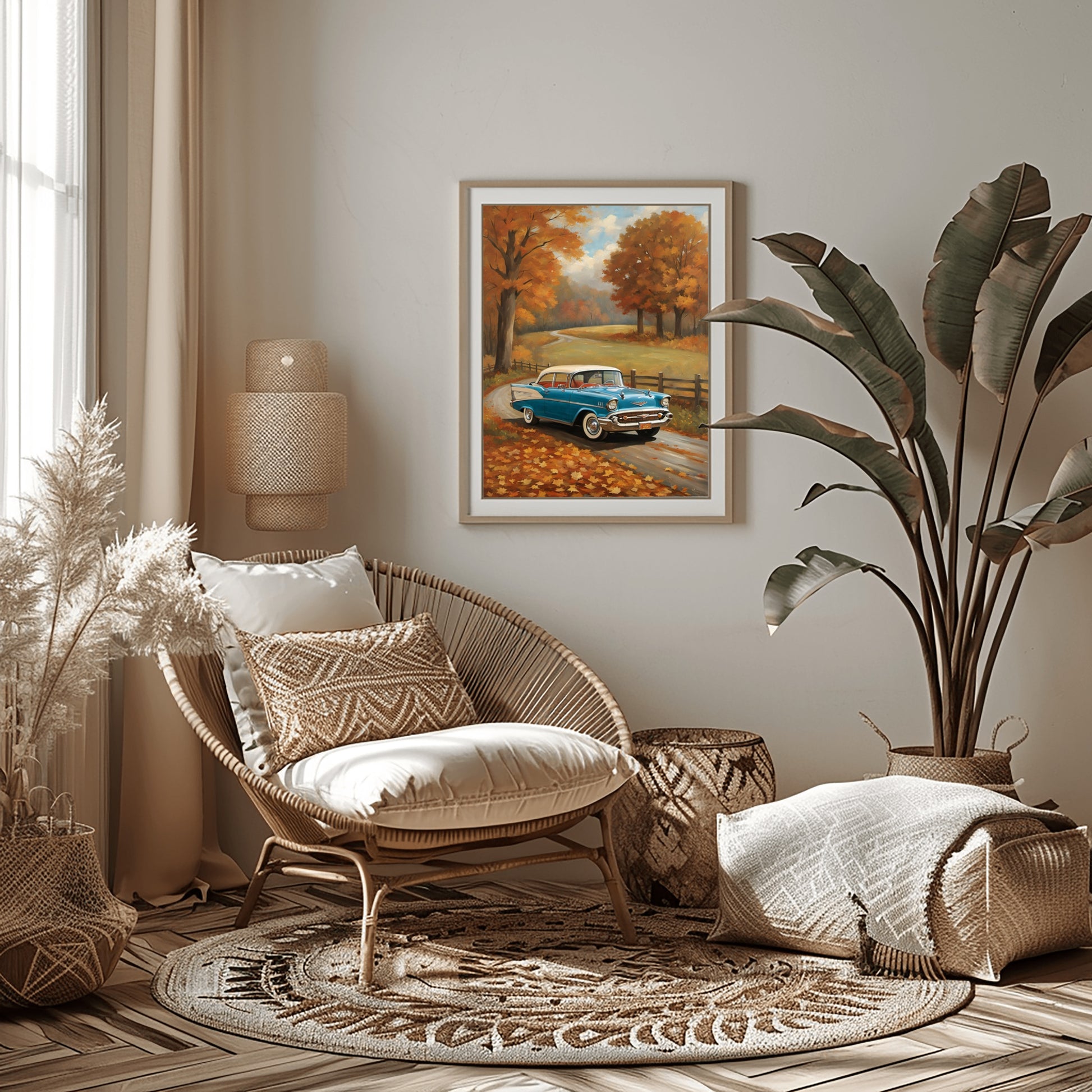 vintage autumn car wall art featuring a blue classic car in fall scenery hanging in cozy living room