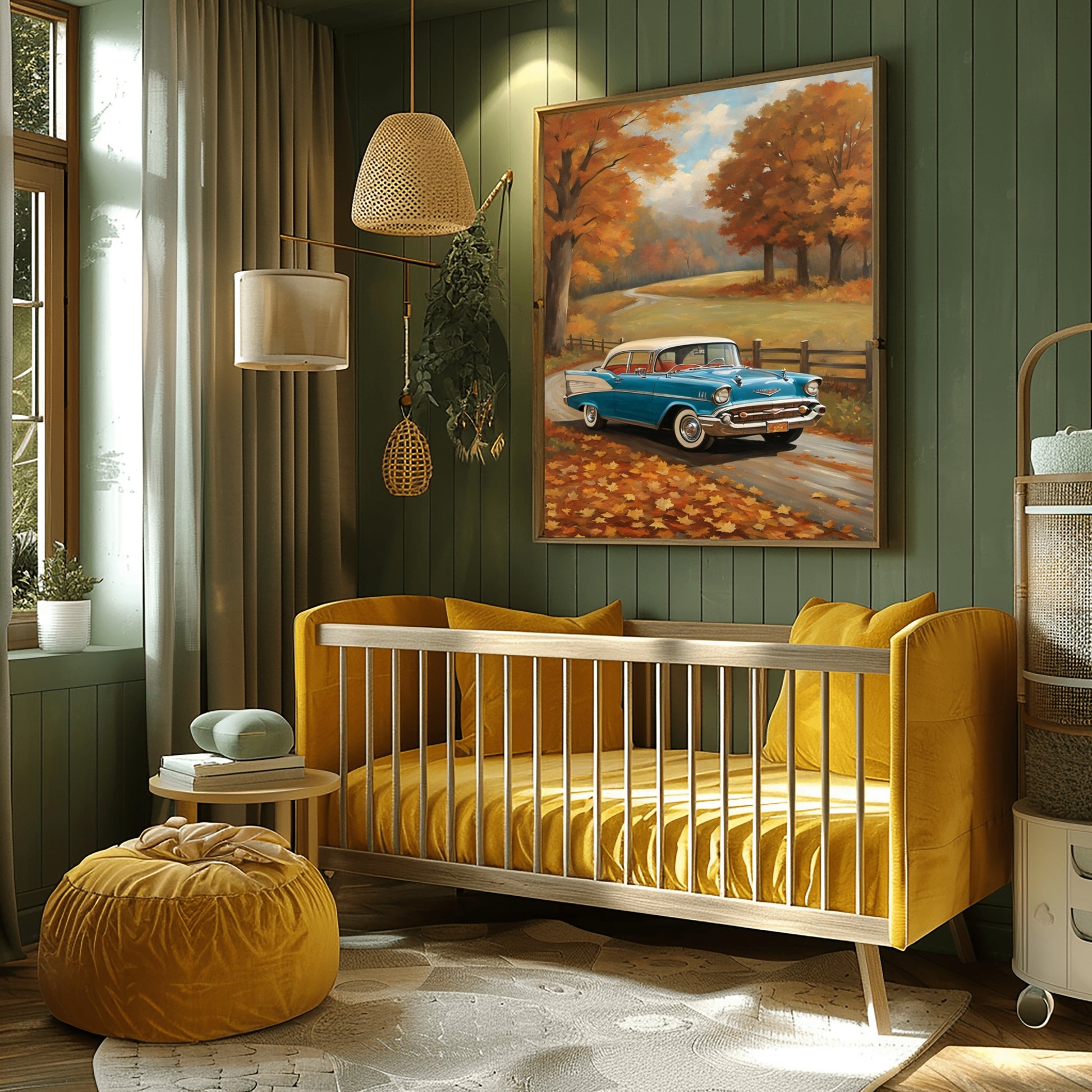 Vintage autumn car wall art featuring a blue classic car on a fall road in a cozy nursery room