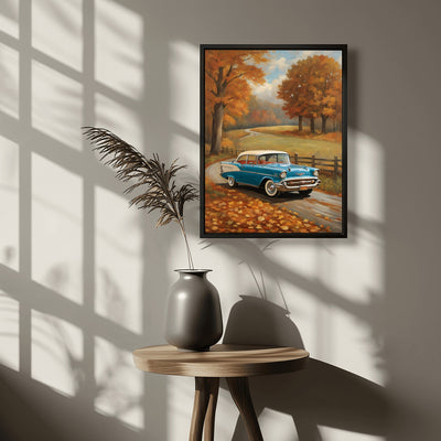 Vintage autumn car wall art by AquilVision featuring a blue classic car on a fall road with orange trees