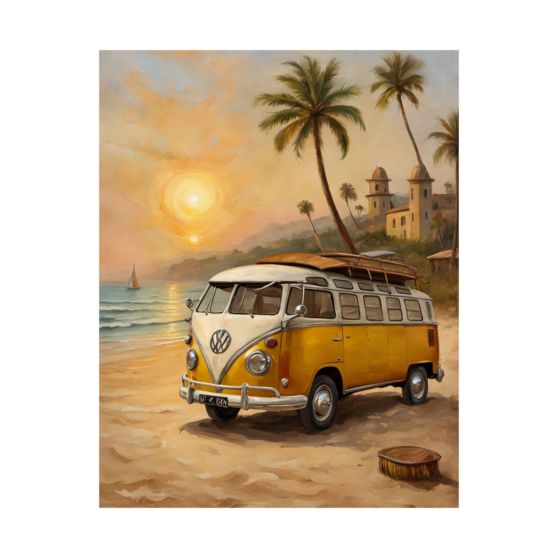 Vintage Beach Van Matte Poster featuring a classic van by the seaside at sunset with palm trees