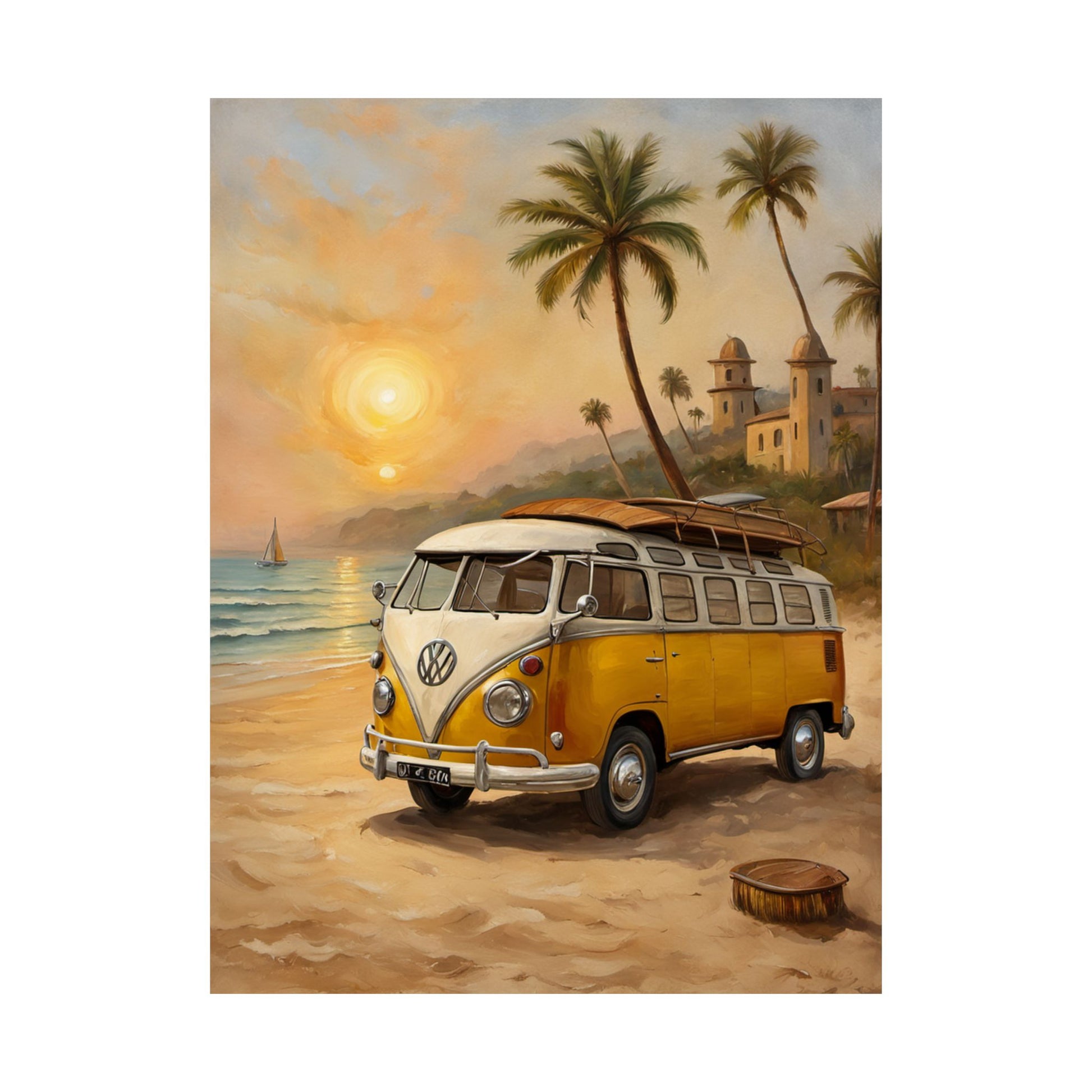Vintage Beach Van Matte Poster featuring a classic yellow van on a sandy beach at sunset
