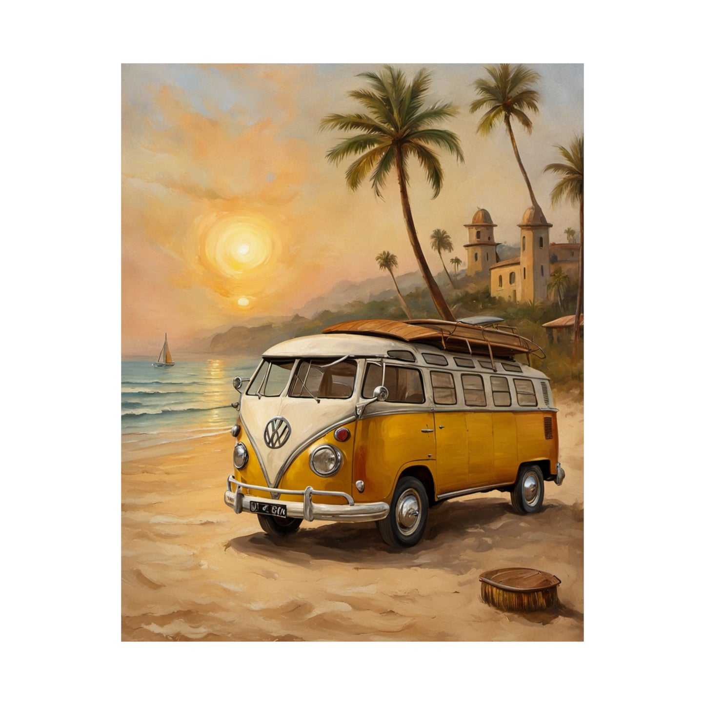 Vintage Beach Van Matte Poster featuring a classic yellow VW bus on a beach at sunset