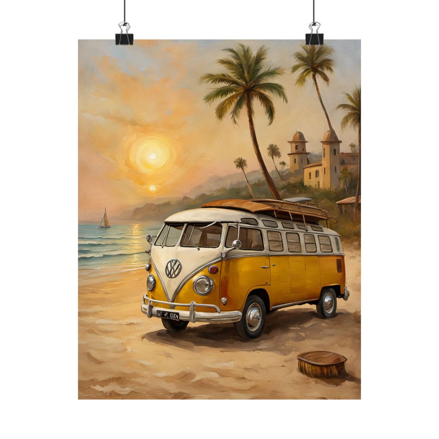 Vintage Beach Van Matte Poster featuring a classic yellow VW van on a sunny beach