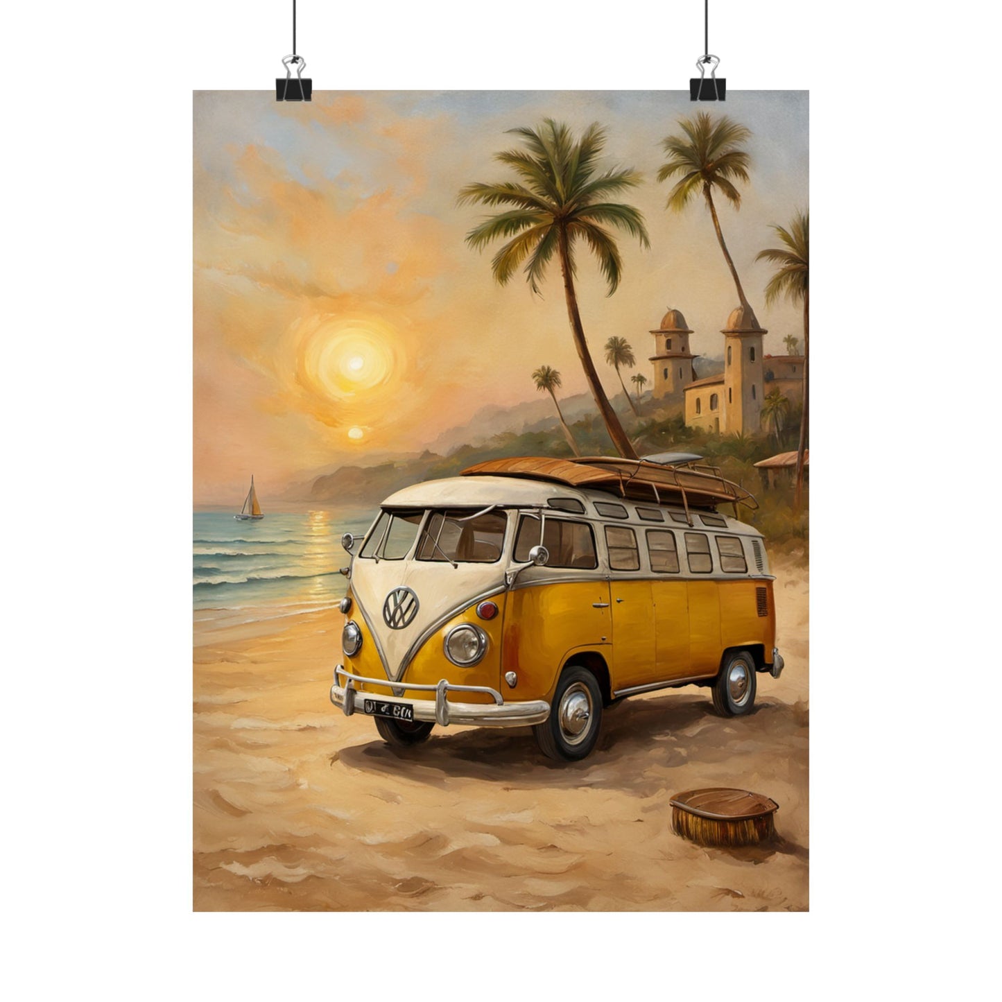Vintage Beach Van Matte Poster depicting a classic van by the ocean with palm trees and sunset