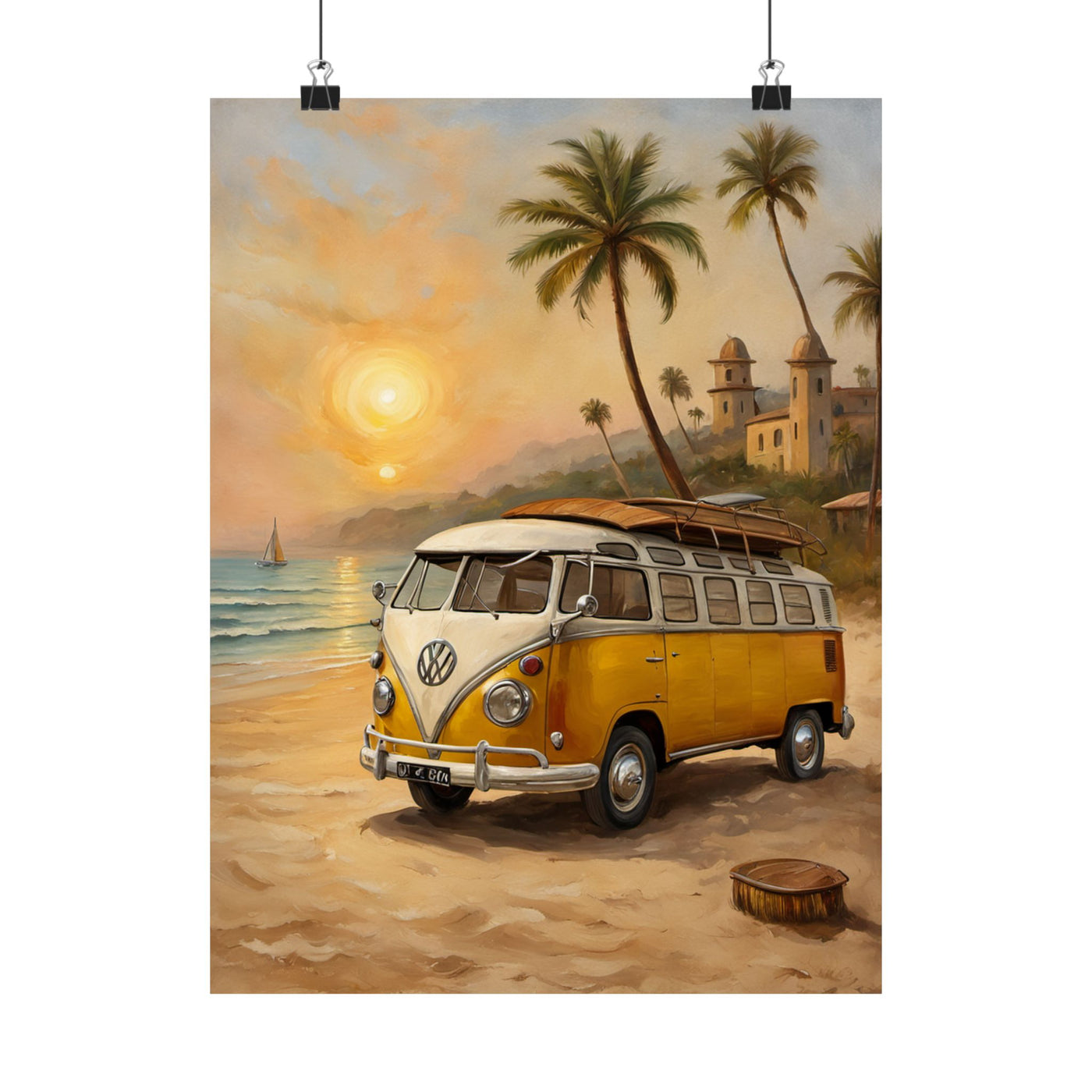 Vintage Beach Van Matte Poster depicting a classic van by the ocean with palm trees and sunset
