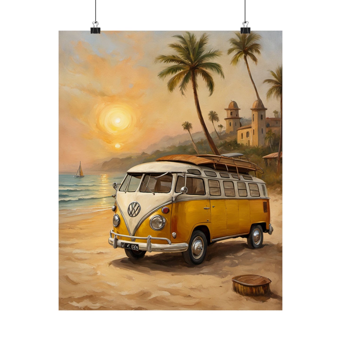 Vintage Beach Van Matte Poster featuring a yellow VW van by the ocean with palm trees at sunset