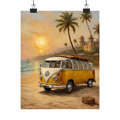 Vintage Beach Van Matte Poster featuring a classic yellow VW van on a tropical beach at sunset