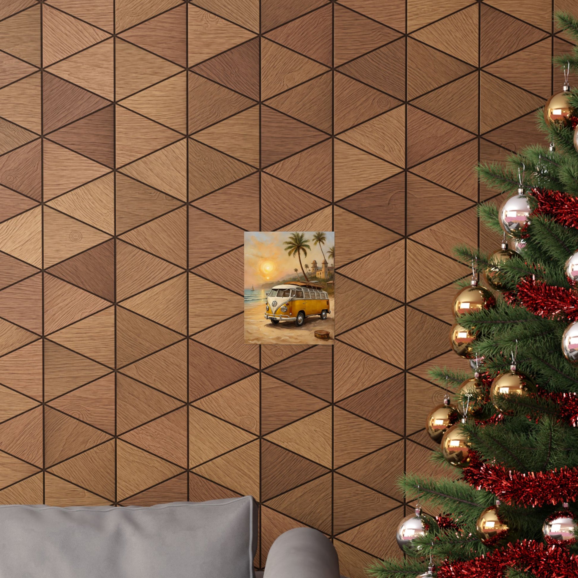 Vintage Beach Van Matte Poster displayed on a geometric wood wall, enhancing the room's summer vibe