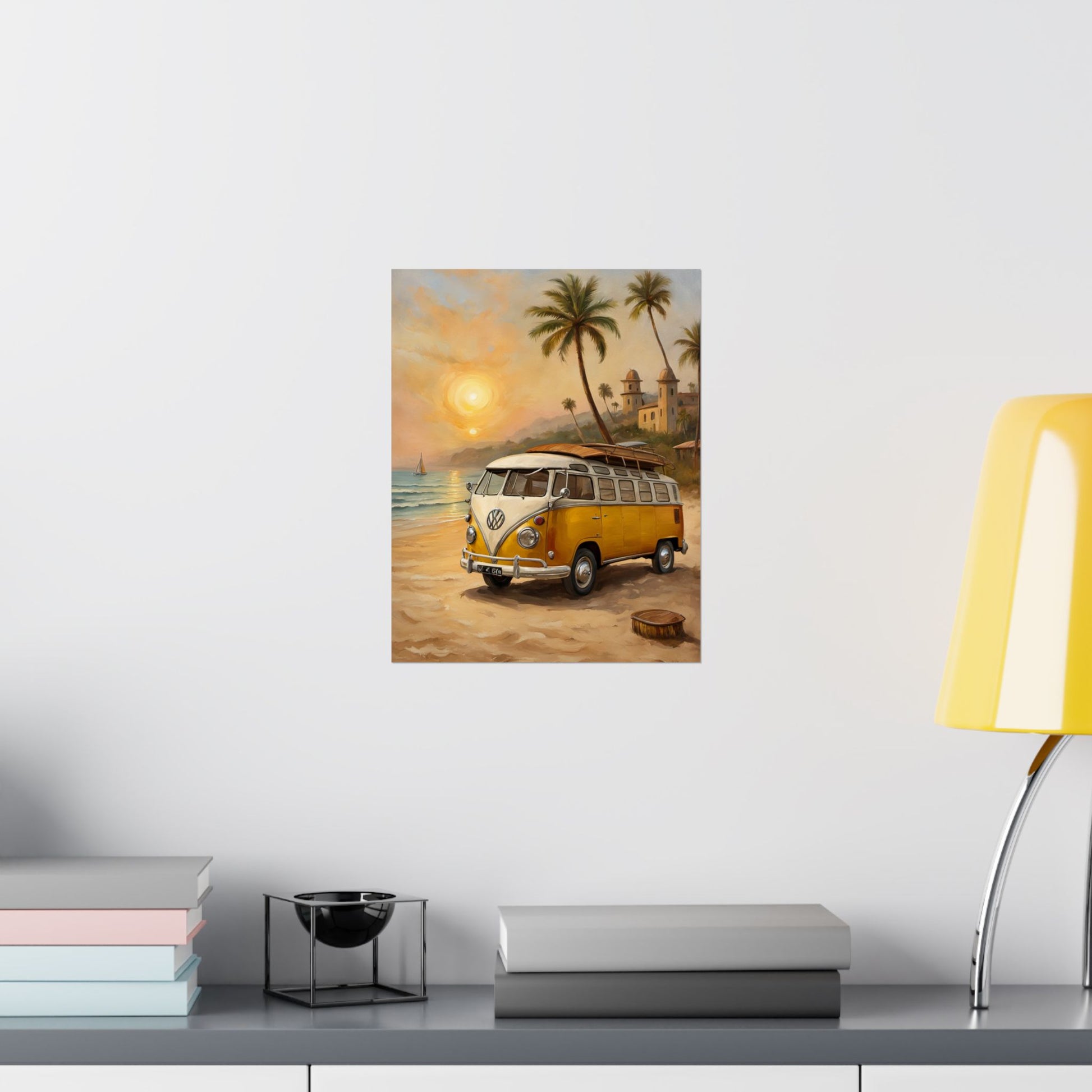 Vintage Beach Van Matte Poster featuring a yellow van on a sandy beach at sunset