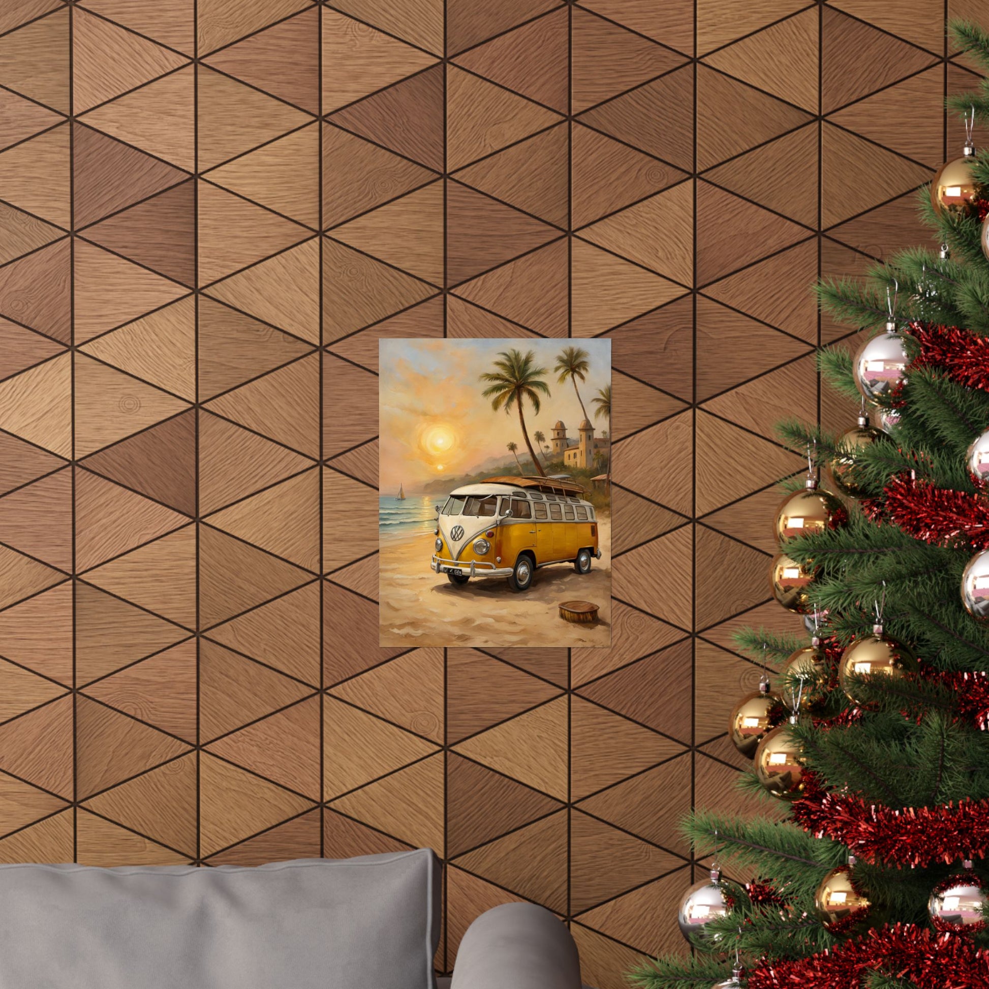 Vintage Beach Van Matte Poster on a geometric wood background, perfect for beach-themed decor