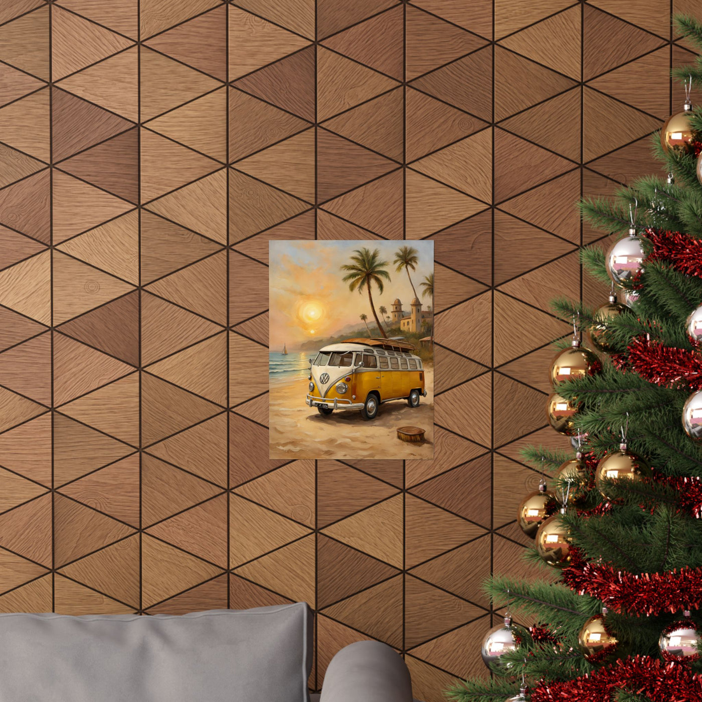 Vintage Beach Van Matte Poster on a geometric wood background, perfect for beach-themed decor