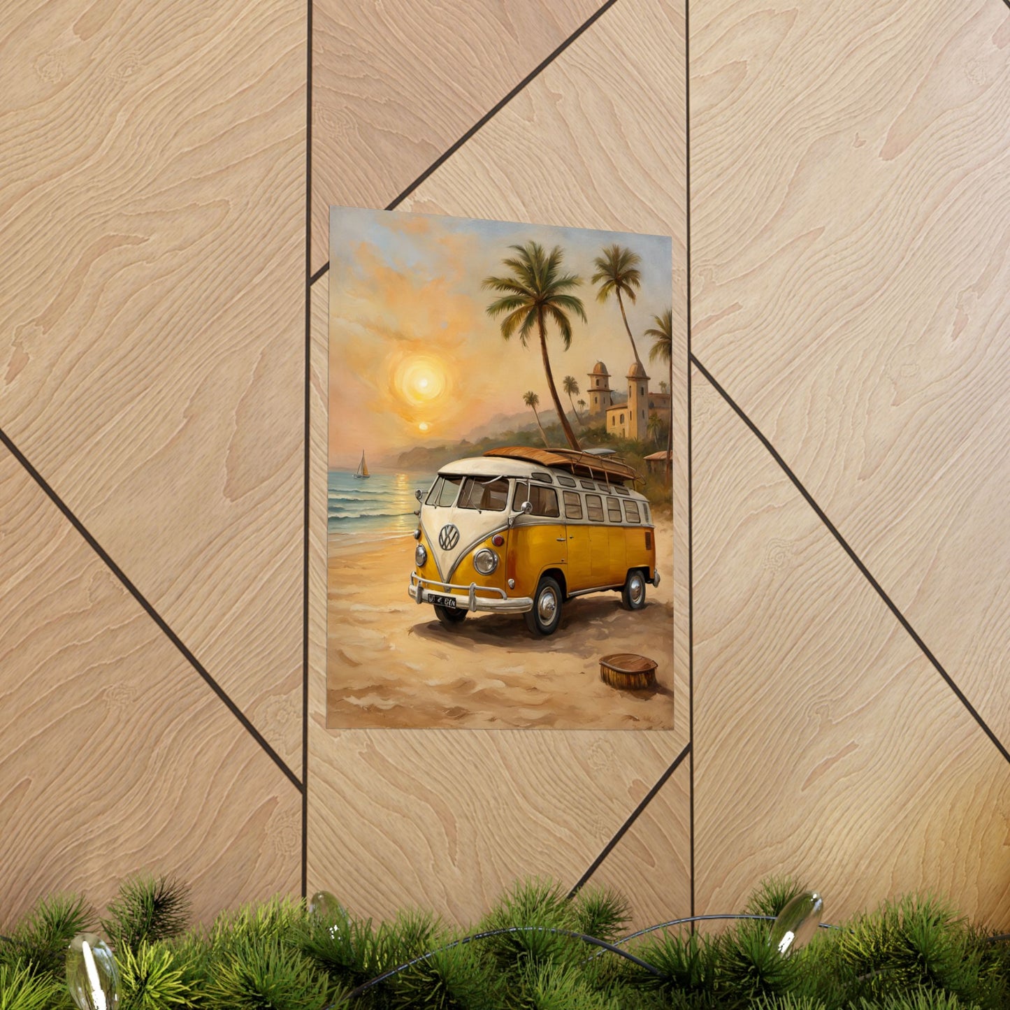 Vintage Beach Van Matte Poster featuring a yellow van by the ocean with palm trees at sunset