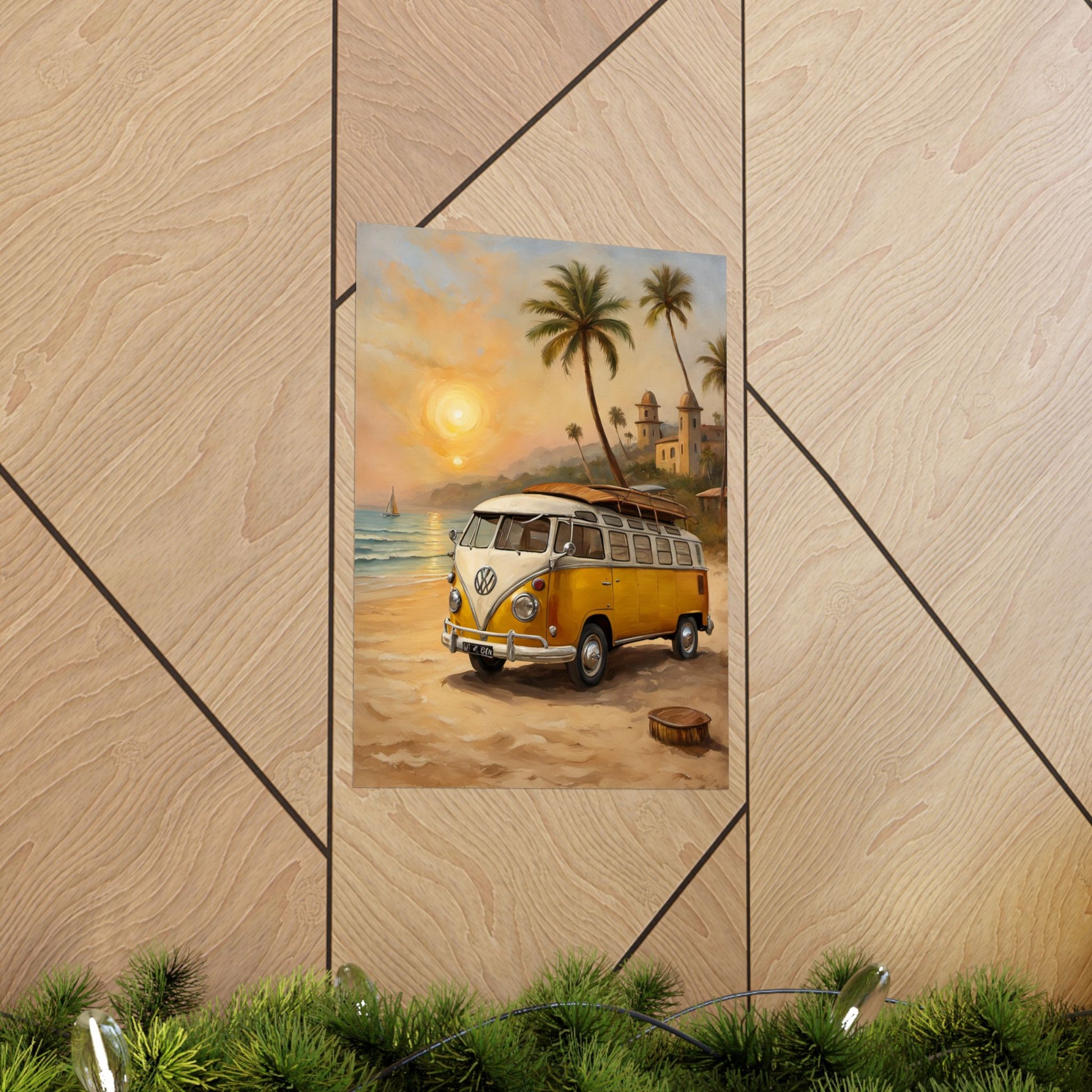 Vintage Beach Van Matte Poster featuring a yellow van by the ocean with palm trees at sunset
