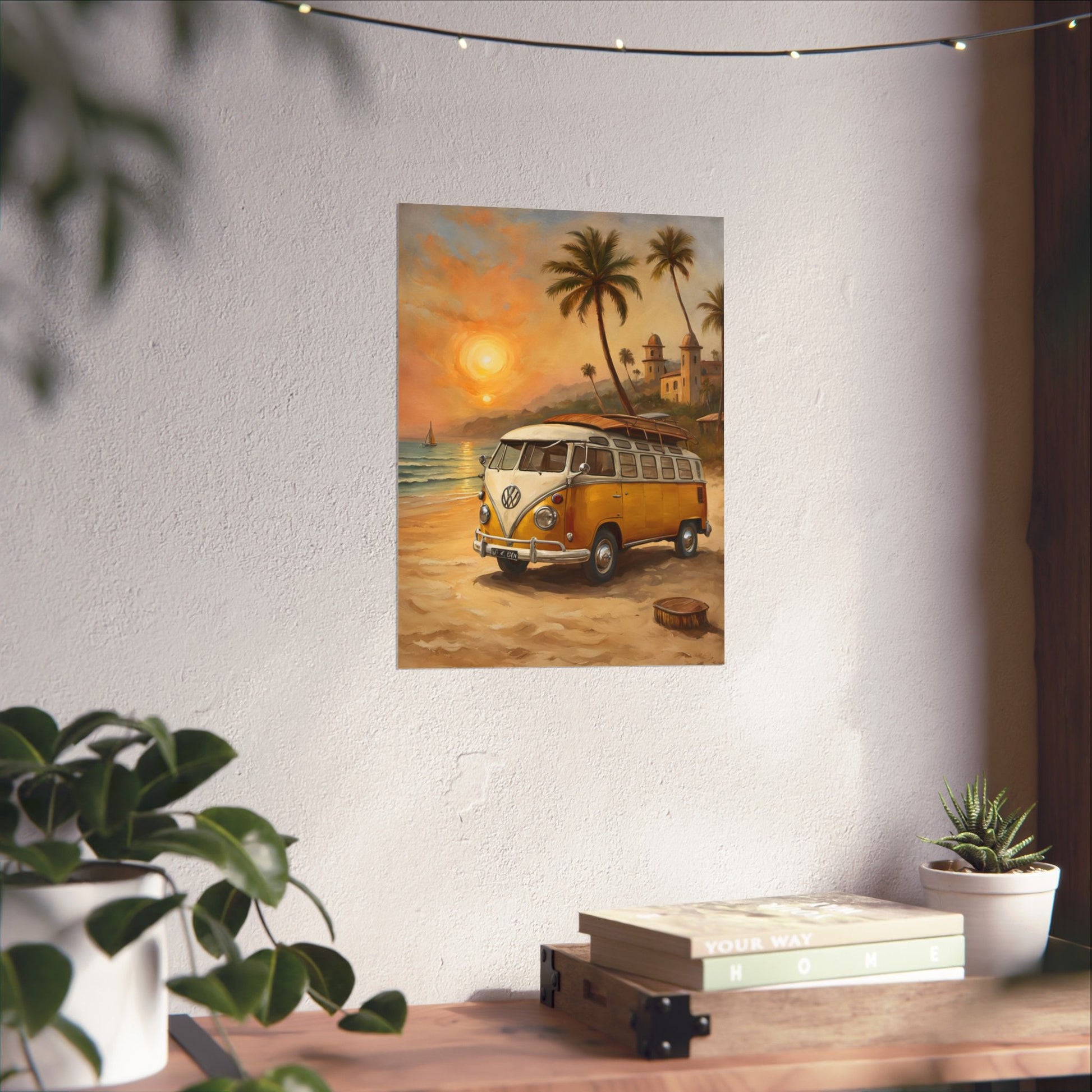 Vintage Beach Van Matte Poster featuring a yellow van on the beach at sunset