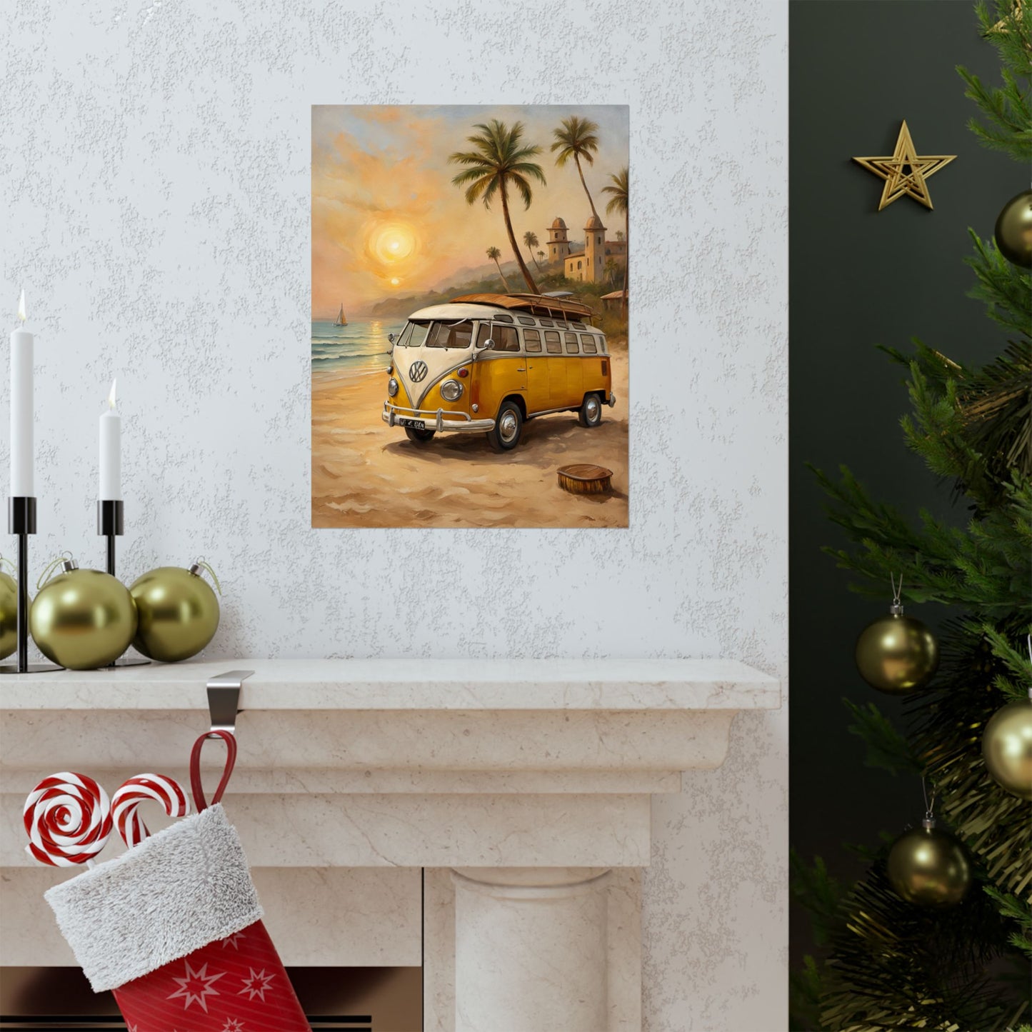 Vintage Beach Van Matte Poster showcasing a yellow van by the ocean at sunset