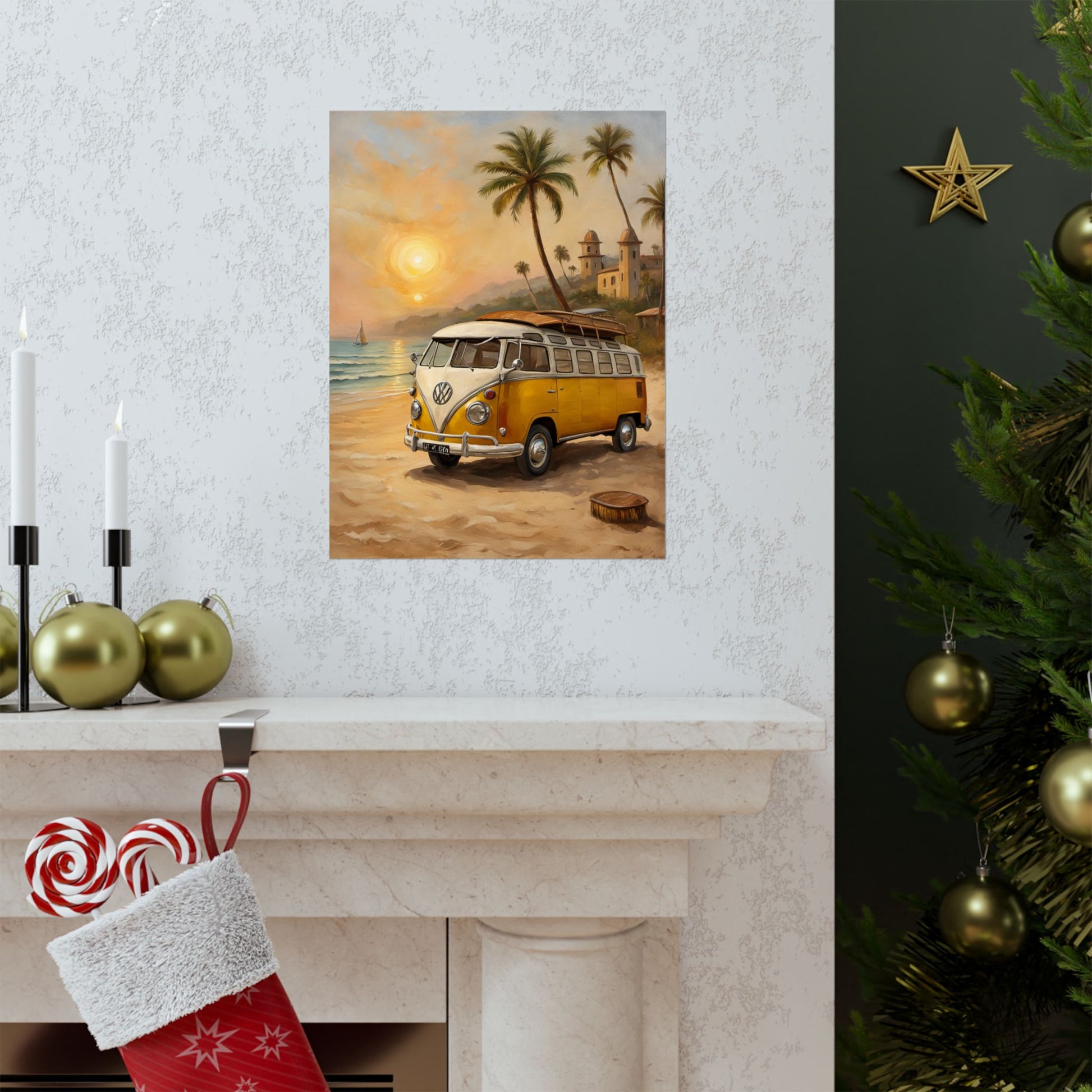 Vintage Beach Van Matte Poster showcasing a yellow van by the ocean at sunset