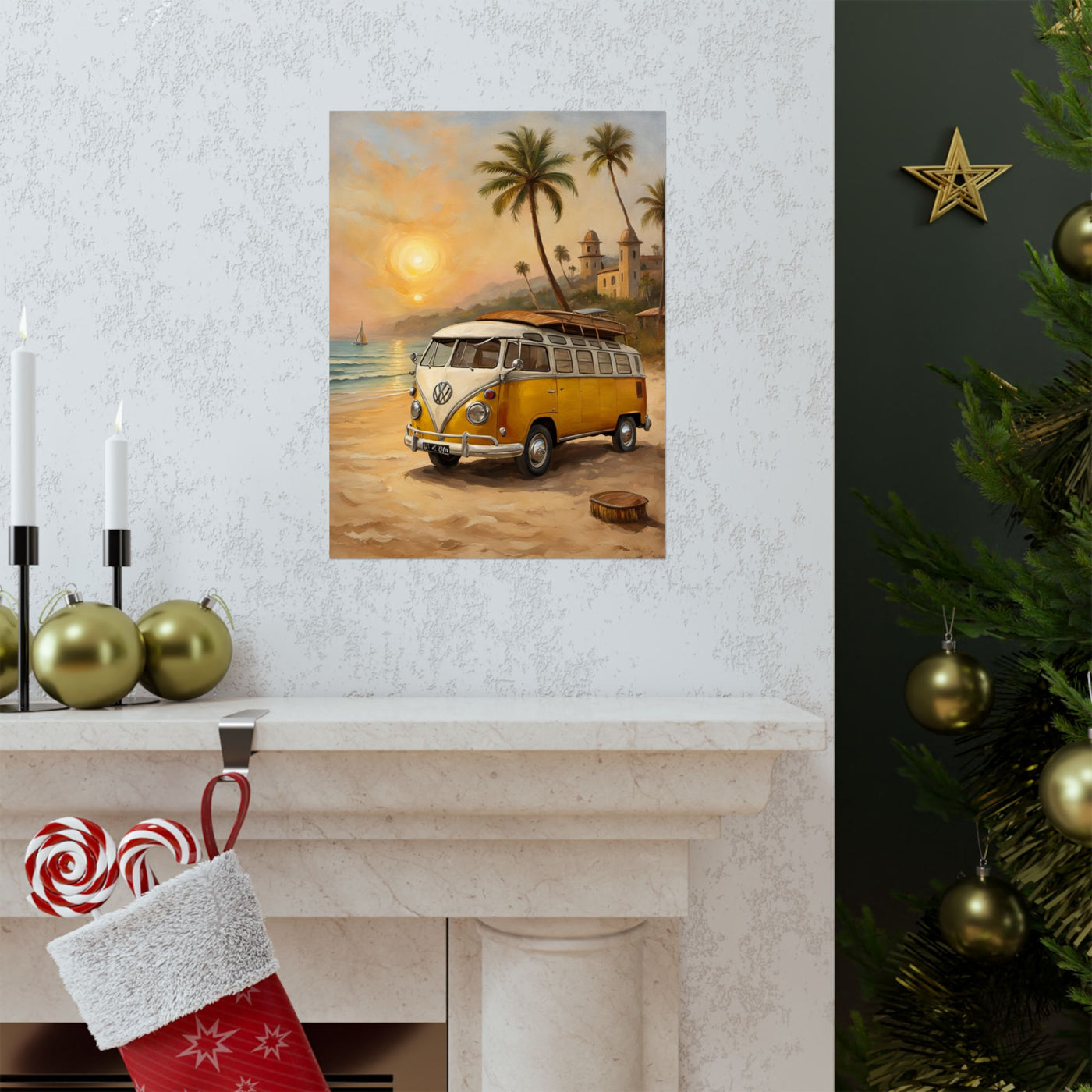 Vintage Beach Van Matte Poster showcasing a yellow van by the ocean at sunset