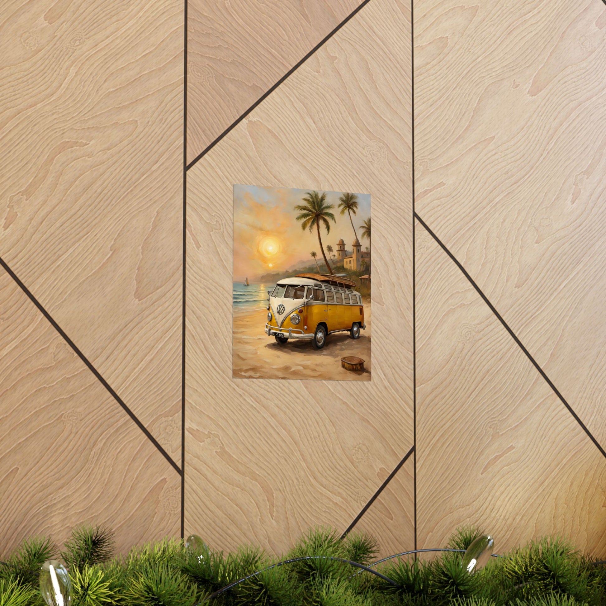 Vintage Beach Van Matte Poster featuring a yellow van by the shore with palm trees and sunset