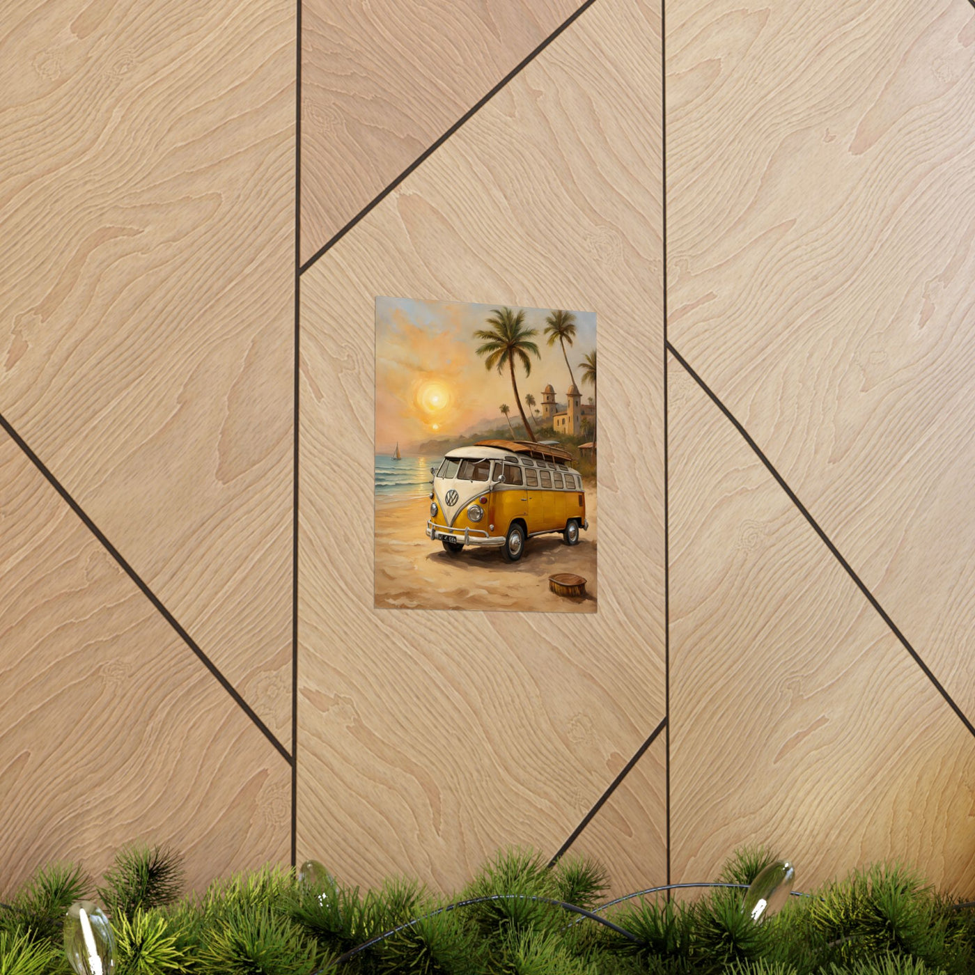 Vintage Beach Van Matte Poster featuring a yellow van by the shore with palm trees and sunset