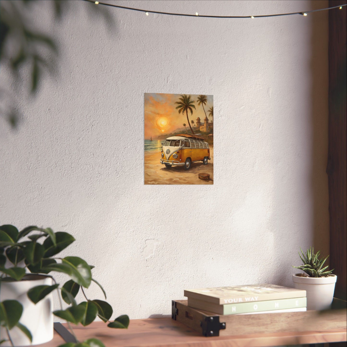 Vintage Beach Van Matte Poster featuring a classic van by the beach with palm trees and sunset