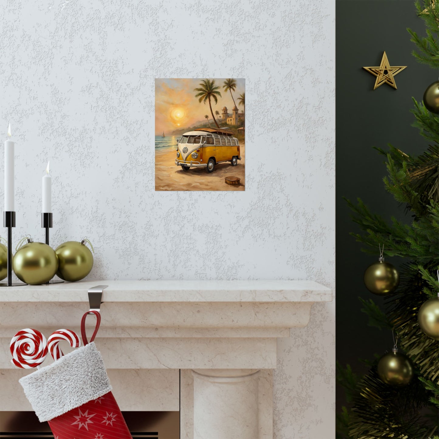 Vintage Beach Van Matte Poster featuring a yellow van on a tropical beach scene