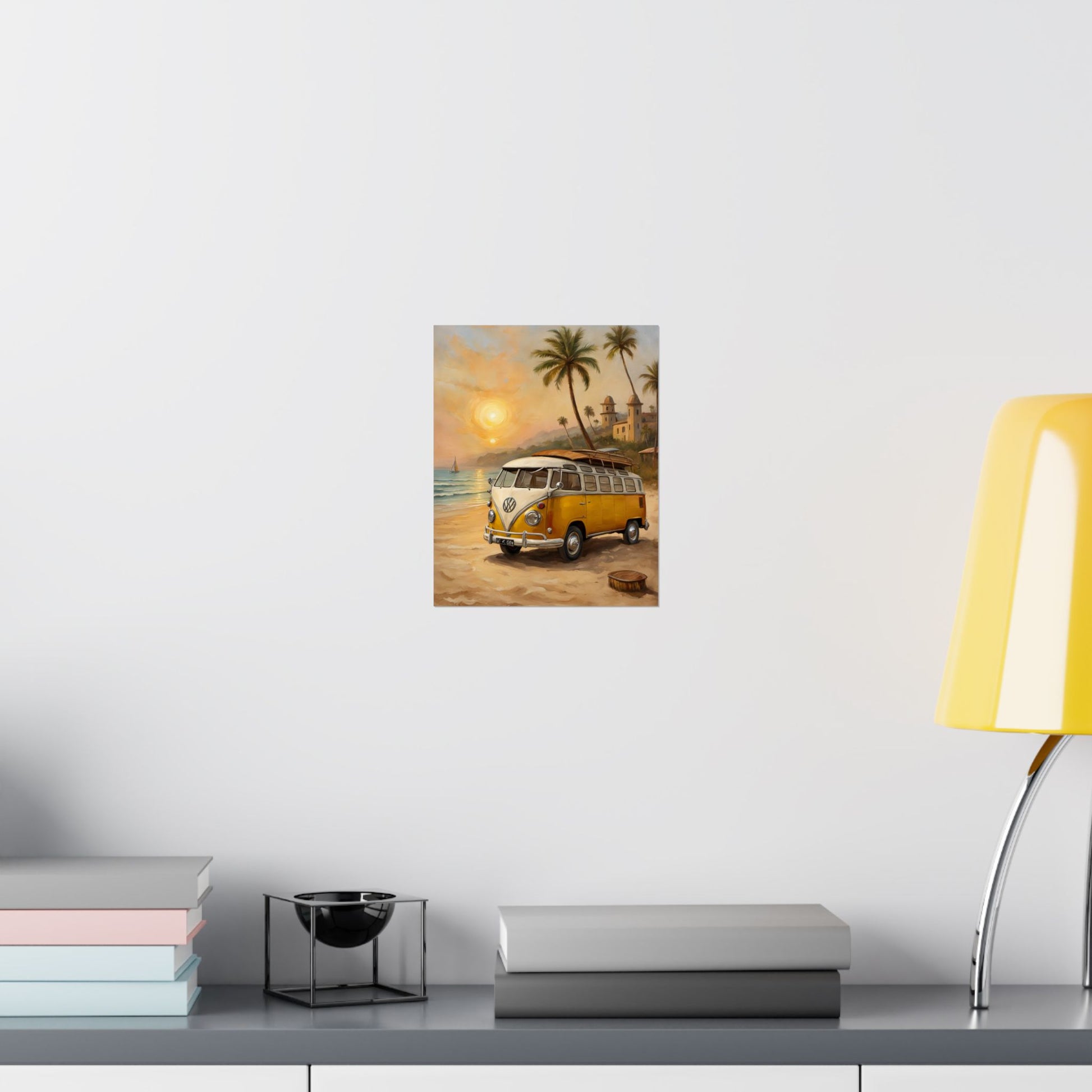 Vintage Beach Van Matte Poster depicting a yellow beach van on a sunny shoreline scene