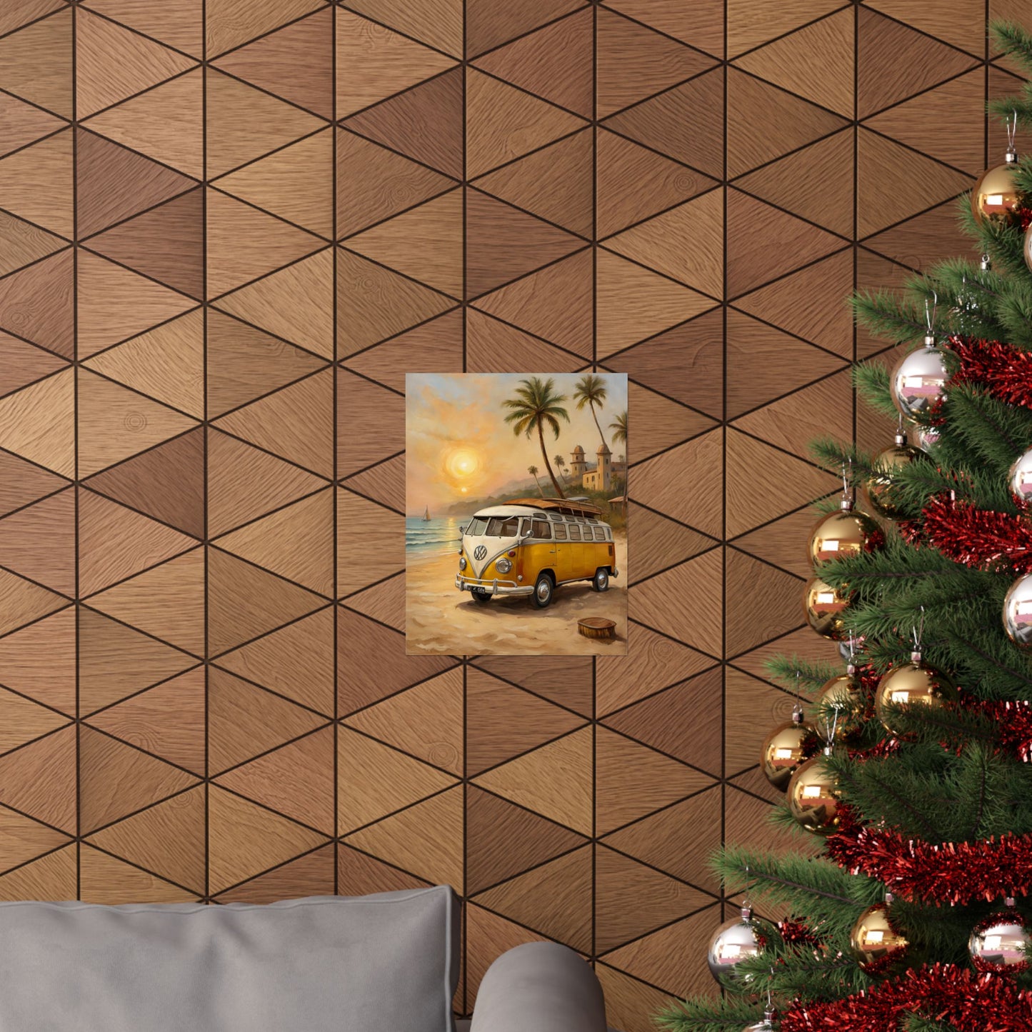 Vintage Beach Van Matte Poster displayed on a wall with wooden geometric patterns and a Christmas tree
