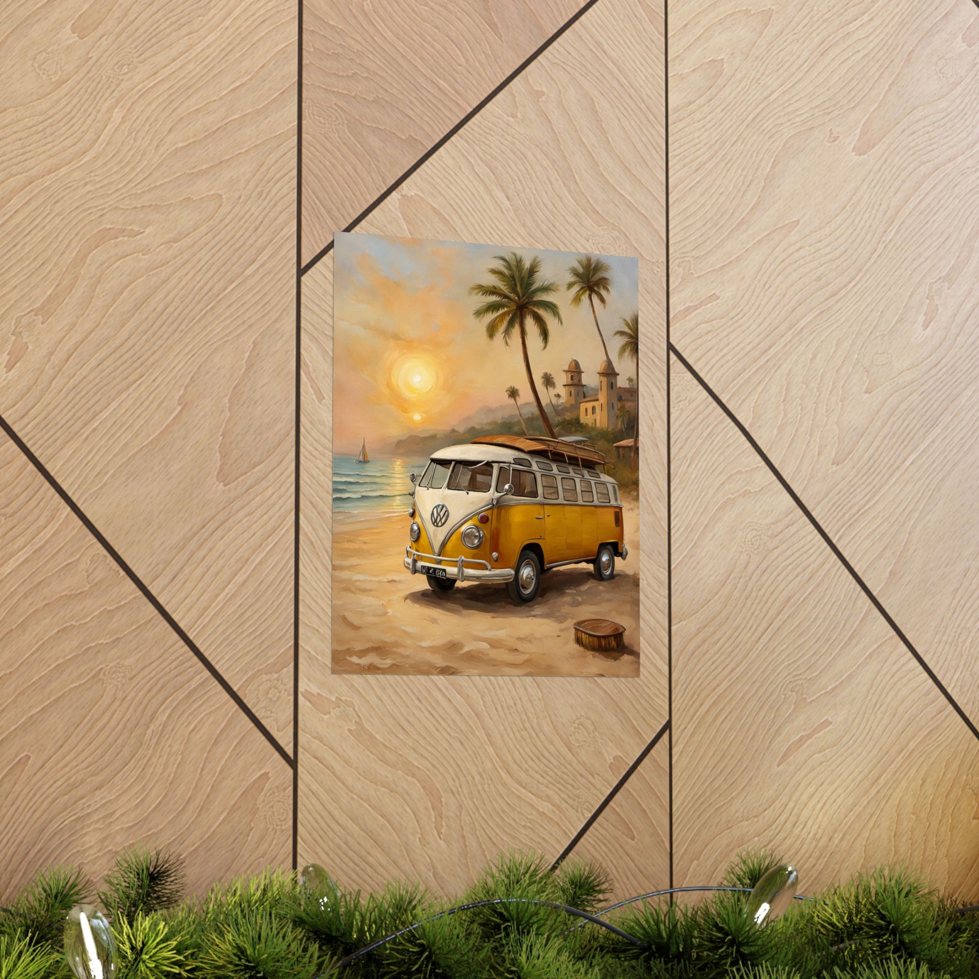 Vintage Beach Van Matte Poster featuring a yellow van by the ocean at sunset with palm trees
