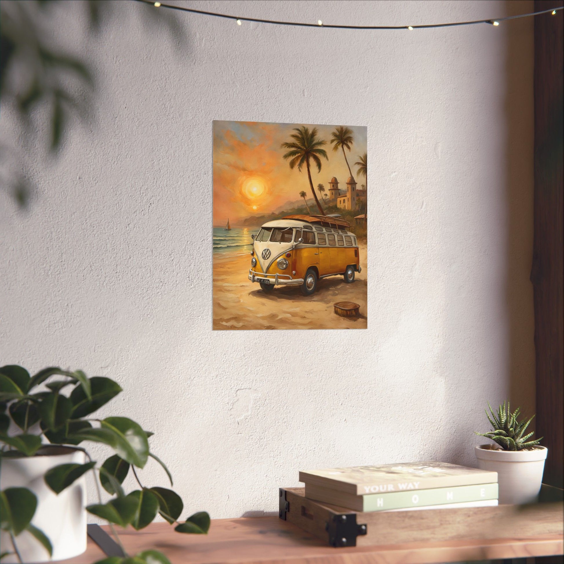 Vintage Beach Van Matte Poster depicting a sunset scene with a classic yellow van on the beach