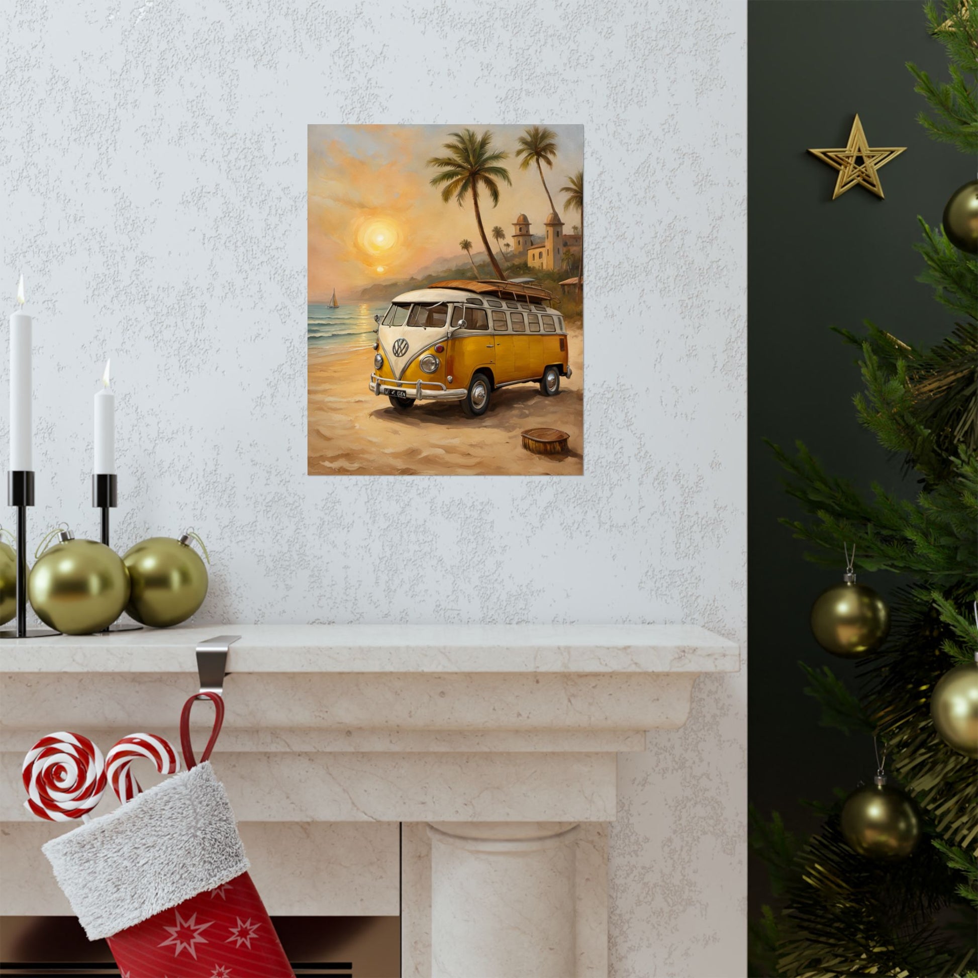 Vintage Beach Van Matte Poster featuring a yellow van on a sunny beach scene