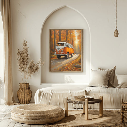 Vintage camper oil painting of an orange camper van driving on a forest road in autumn by AquilVision
