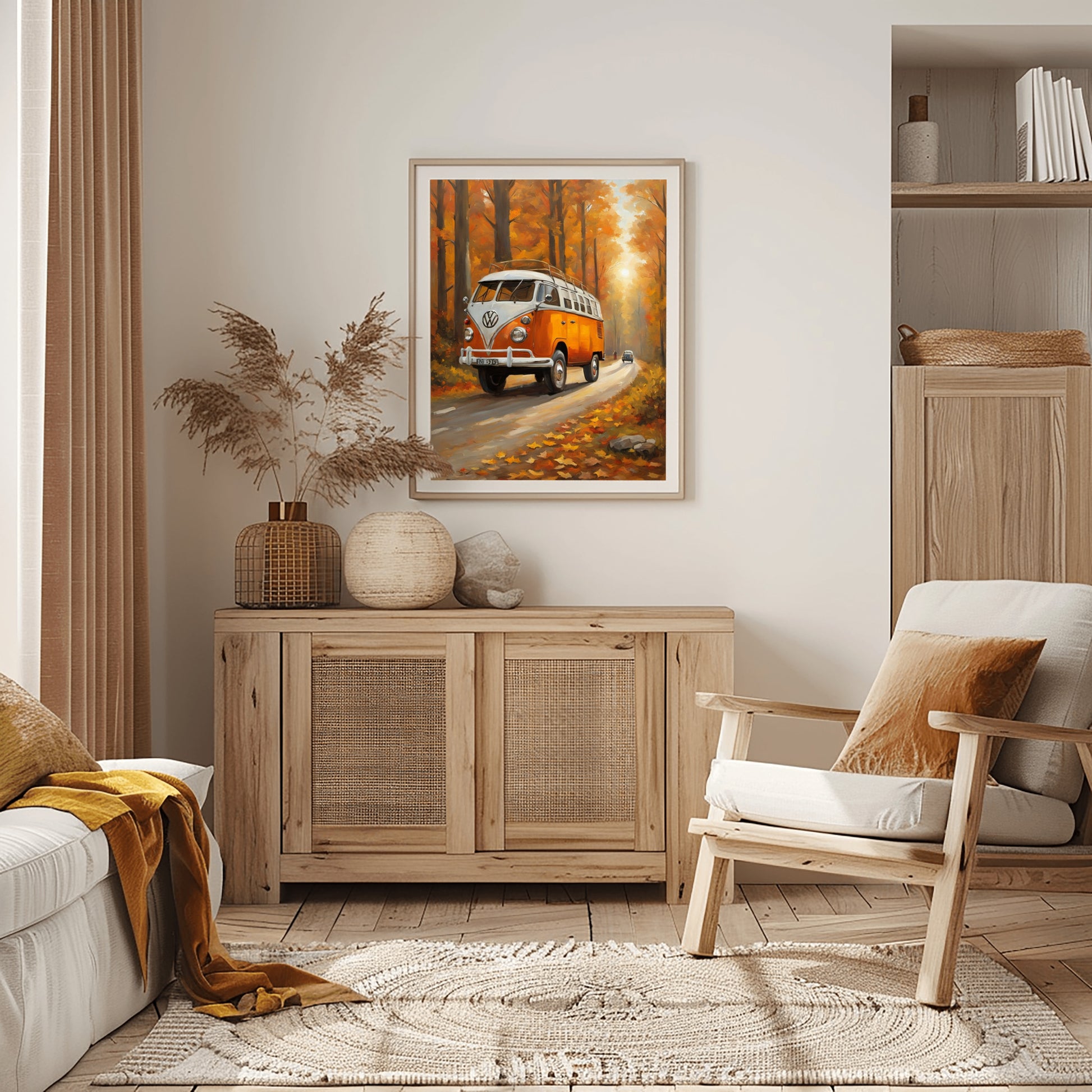 vintage camper oil painting by AquilVision displayed in cozy living room with wooden furniture and neutral decor
