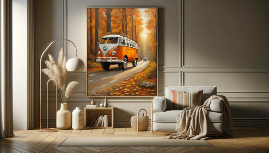 Vintage camper oil painting of an orange classic van on a fall forest road displayed in modern living room