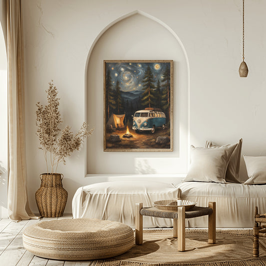 Vintage camper van artwork framed on wall above sofa in cozy neutral living room with natural decor