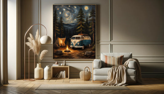 Vintage camper van artwork by AquilVision showing a blue camper van by a campfire under a starry night sky