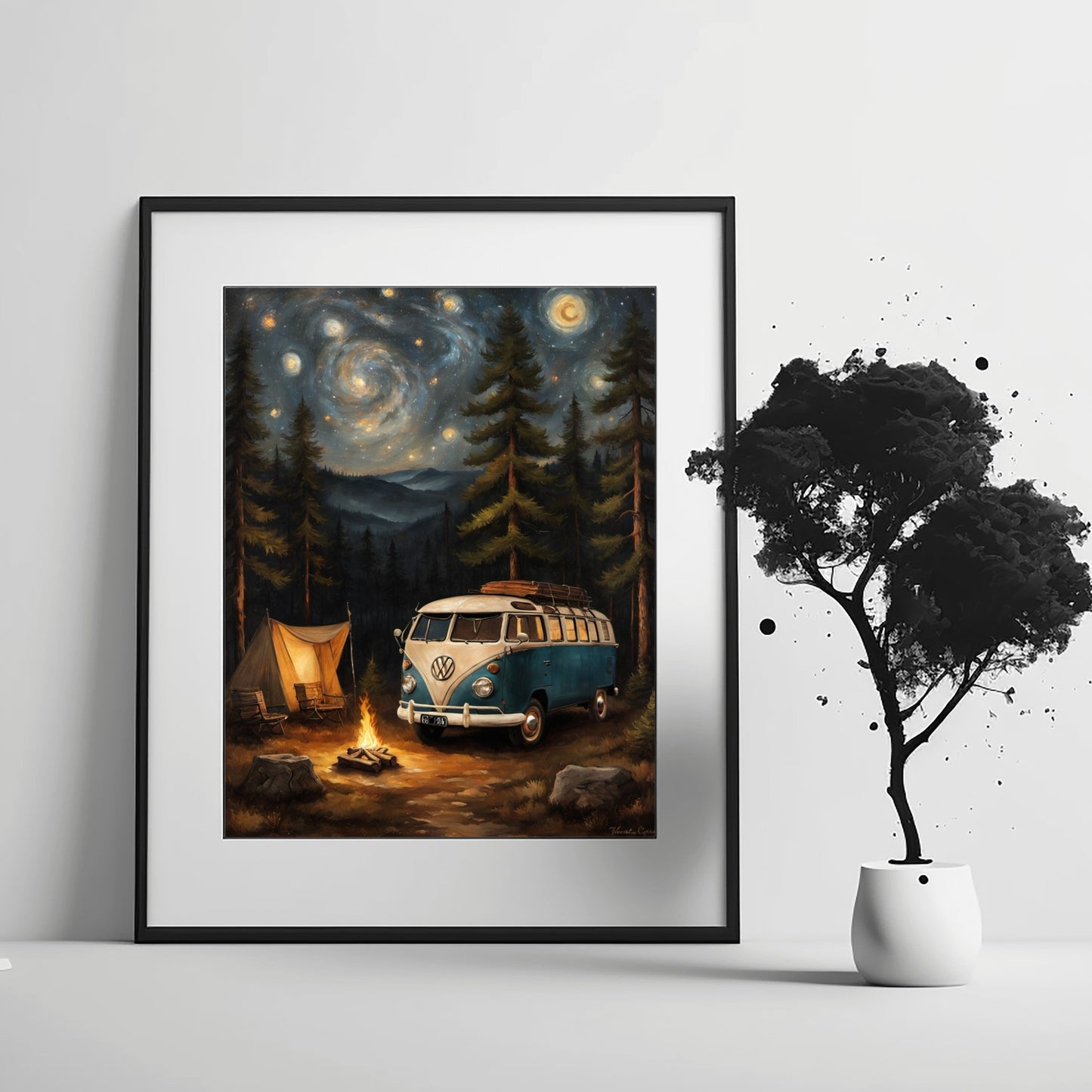 Framed AquilVision vintage camper van artwork featuring a nighttime forest camping scene with a campfire and tent