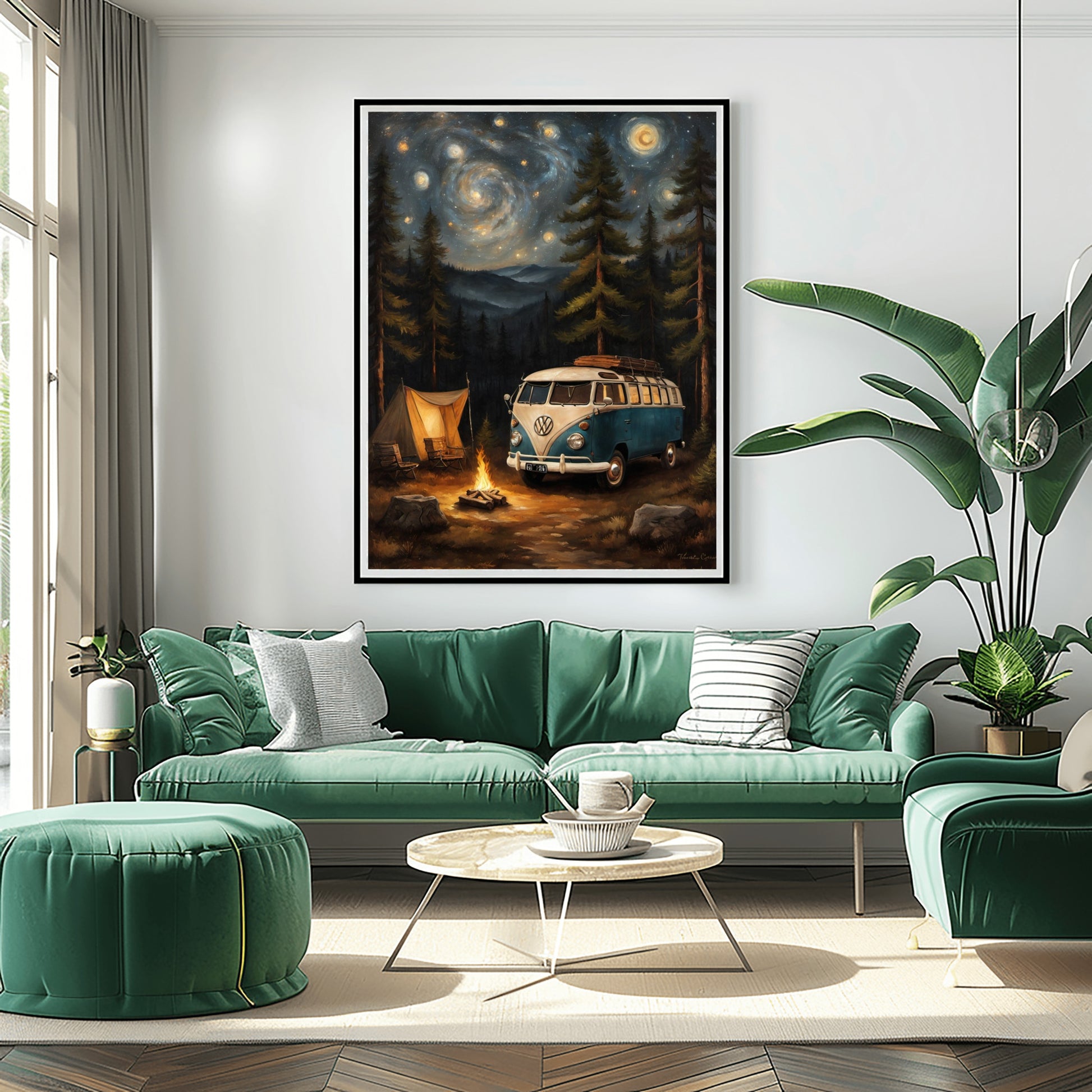 Vintage camper van artwork by AquilVision showing a nighttime forest camping scene with stars and a campfire