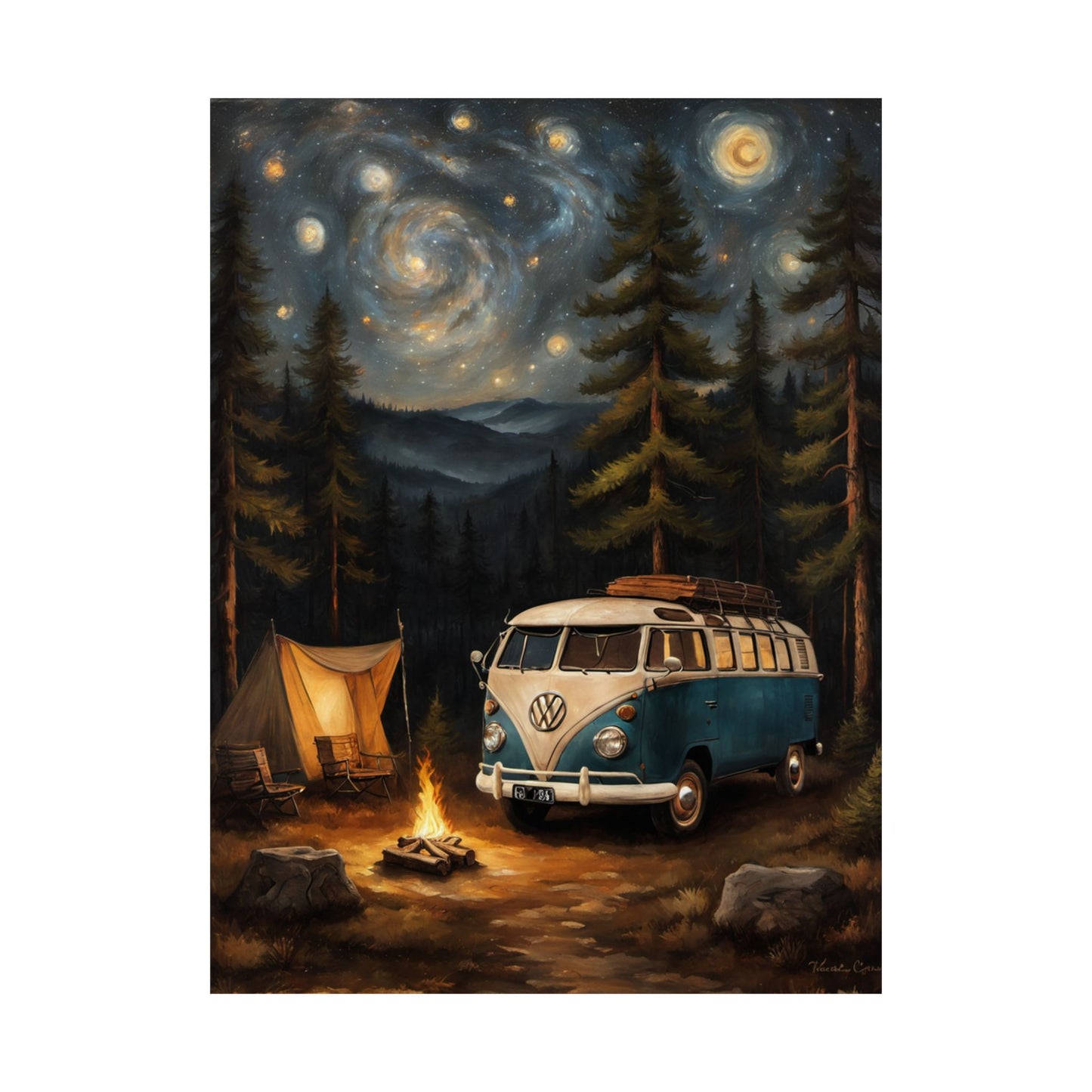 Vintage Camping Art Prints featuring a retro VW van near a campfire under a starry sky