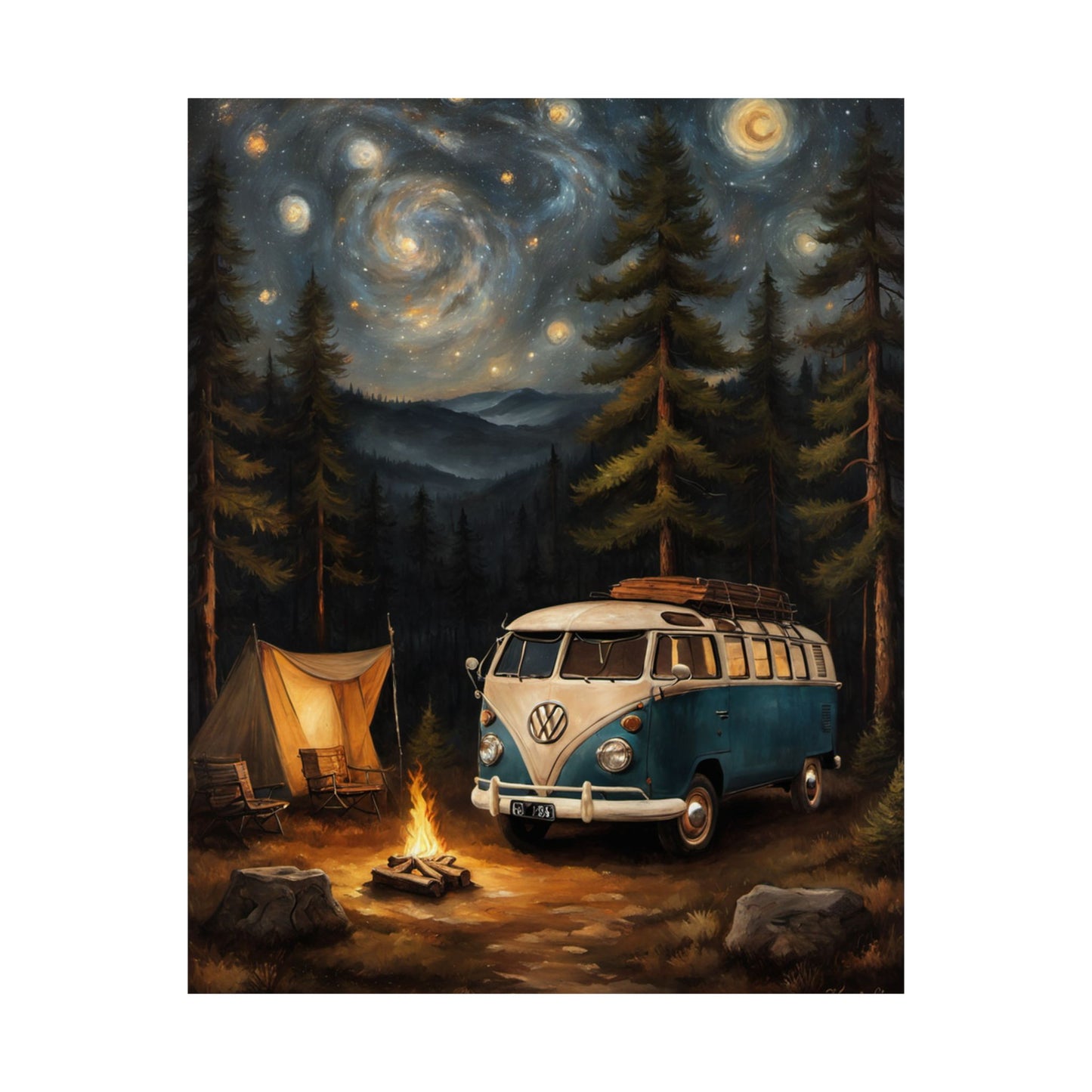 Vintage Camping Art Prints featuring a classic VW van and campsite under a starry sky