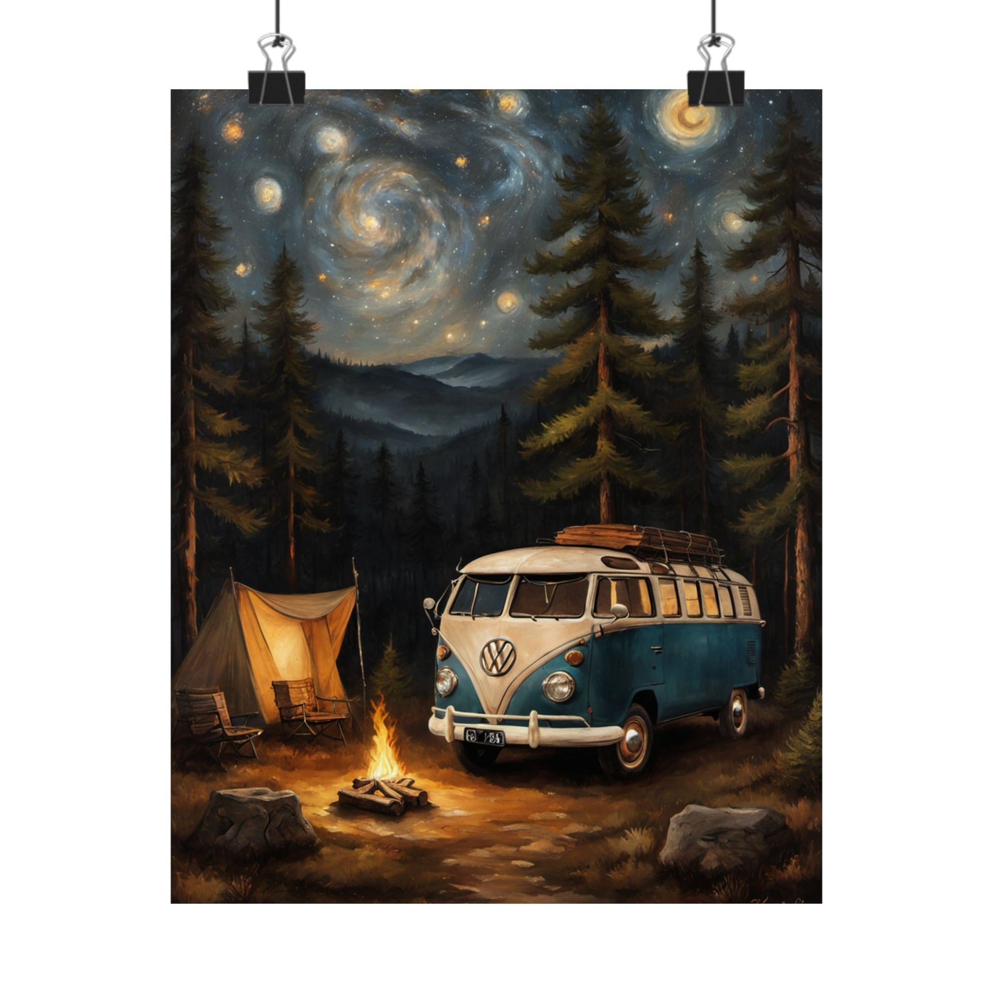Vintage Camping Art Prints featuring a VW van and a cozy campfire under a starry sky