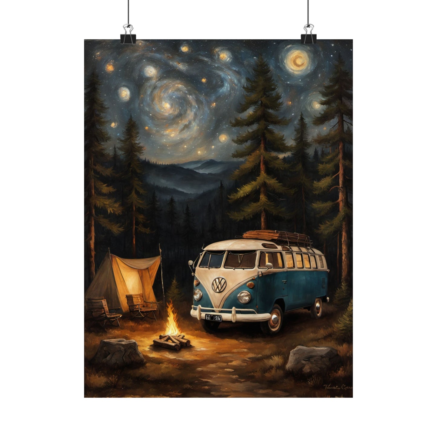 Vintage Camping Art Prints featuring a VW bus, forest, and starry night scene with a campfire