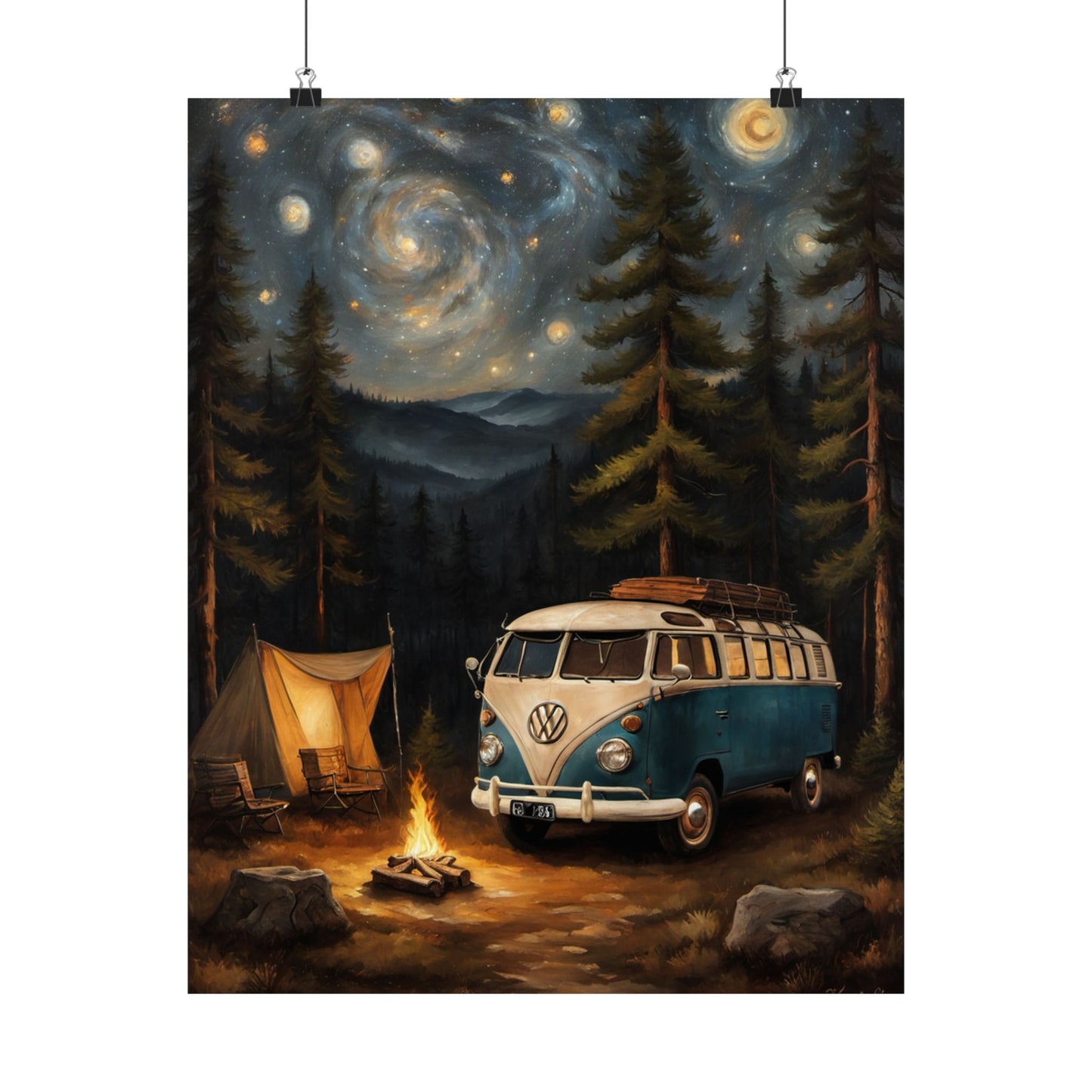 Vintage Camping Art Prints featuring a Volkswagen van and a campfire under a starry sky