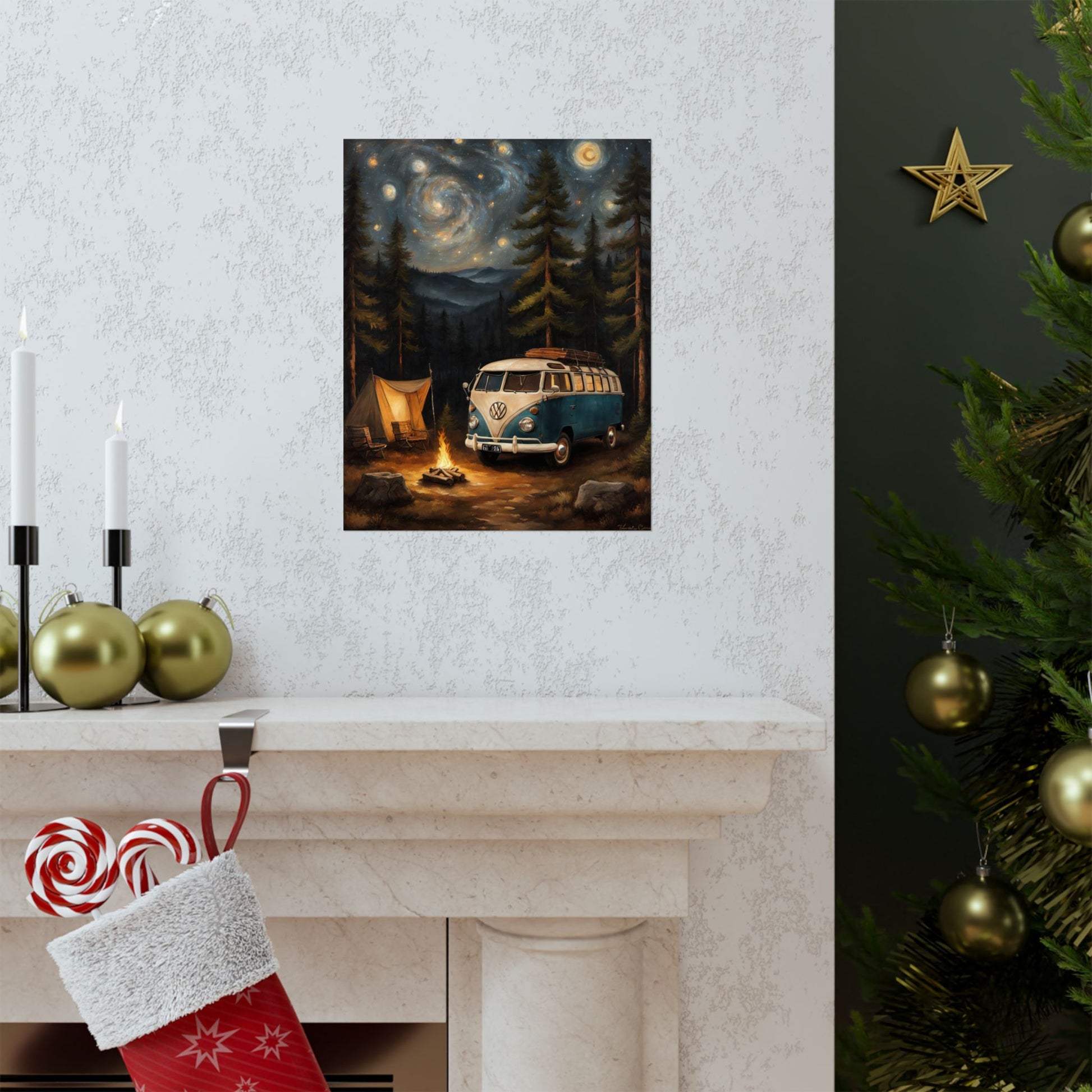 Vintage Camping Art Prints featuring a serene campsite with a vintage van and starry night sky
