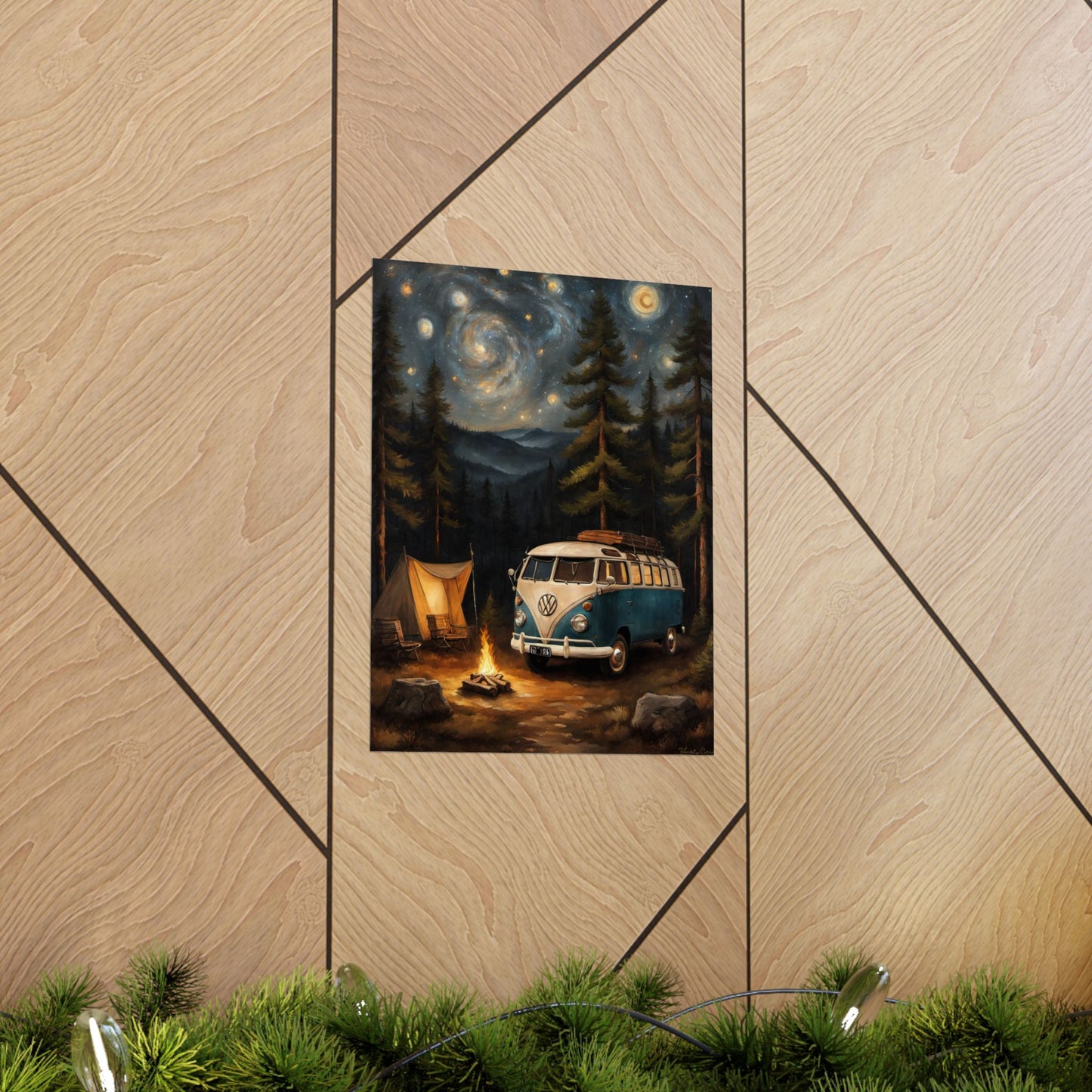 Vintage Camping Art Prints featuring a blue camper van and campfire in a starry night setting
