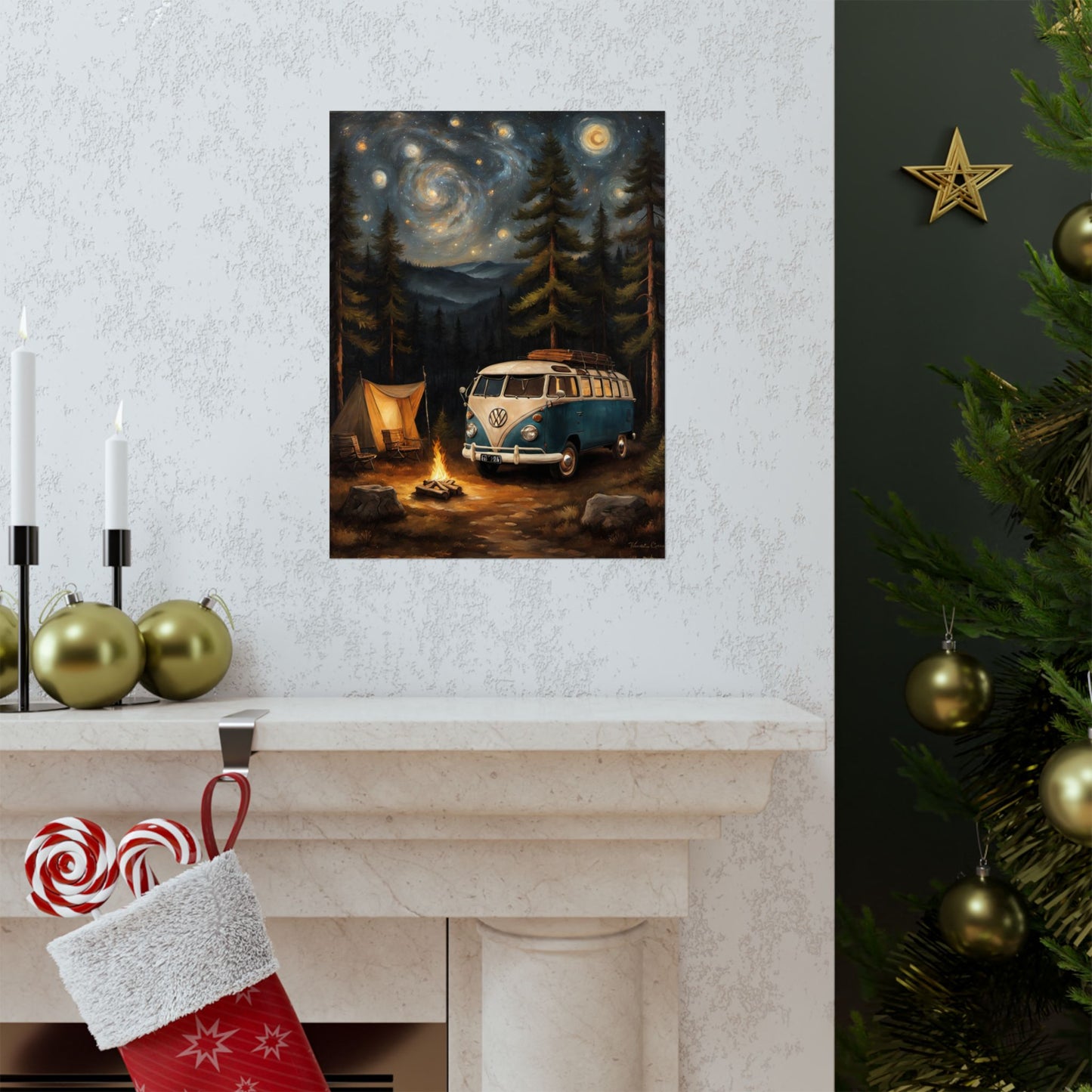 Vintage Camping Art Prints featuring a blue camper van by a campfire under starry night skies