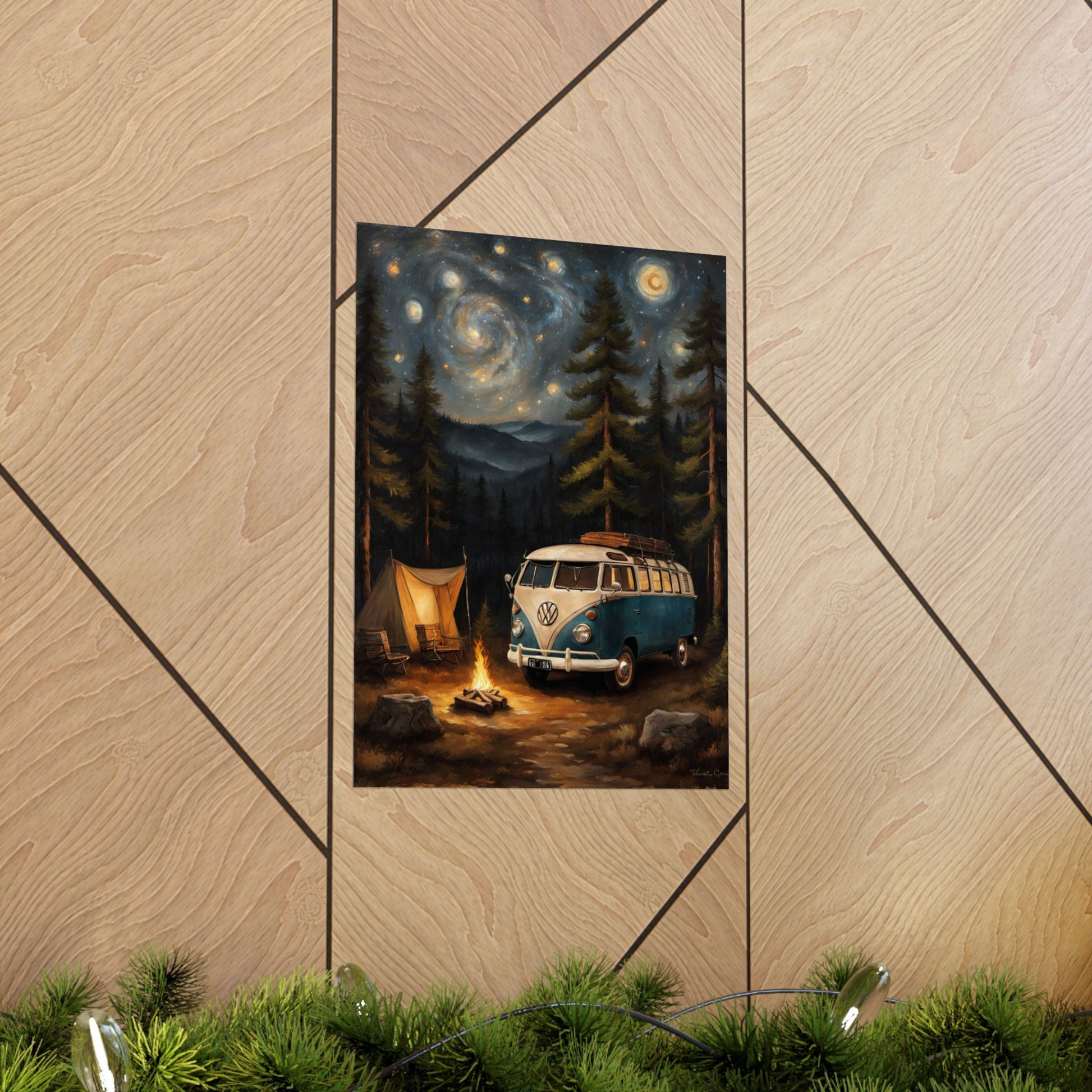 Vintage Camping Art Prints featuring a VW van near a campfire and tent against a starry night sky