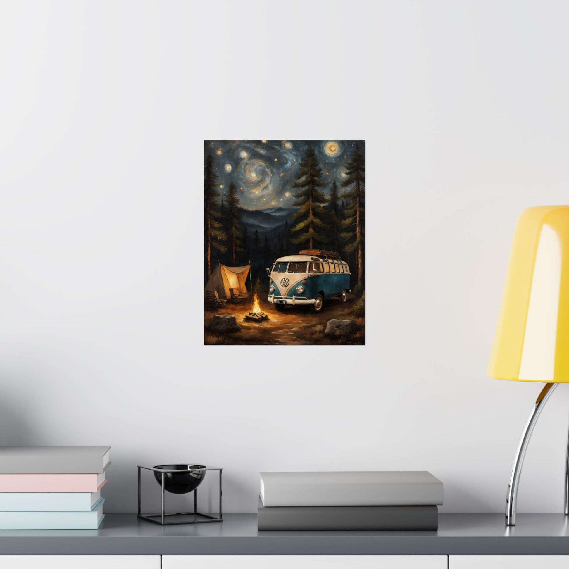 Vintage Camping Art Prints featuring a blue camper van and starry night with trees and a tent
