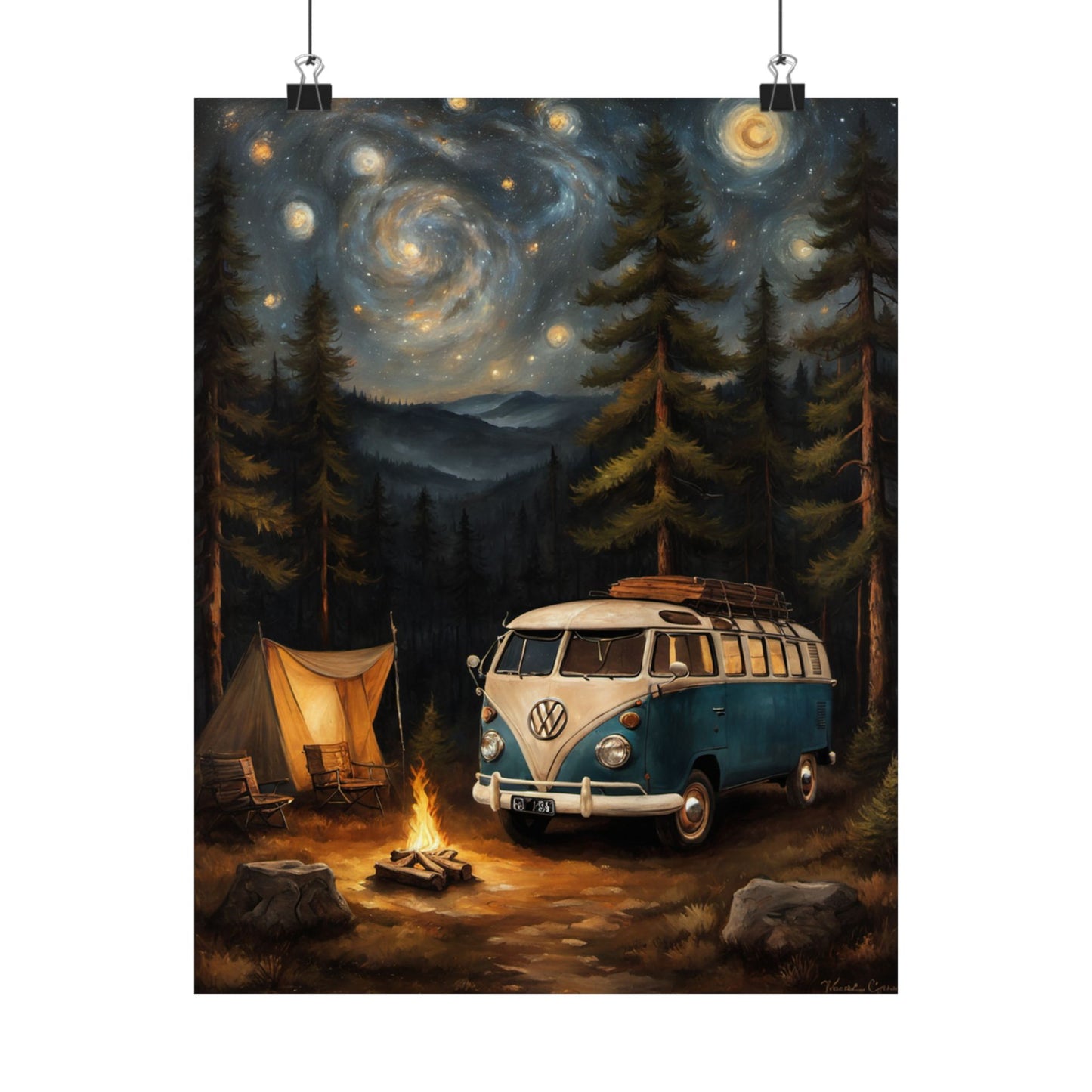 Vintage Camping Art Prints featuring a nostalgic Volkswagen van and campfire under a starry night sky