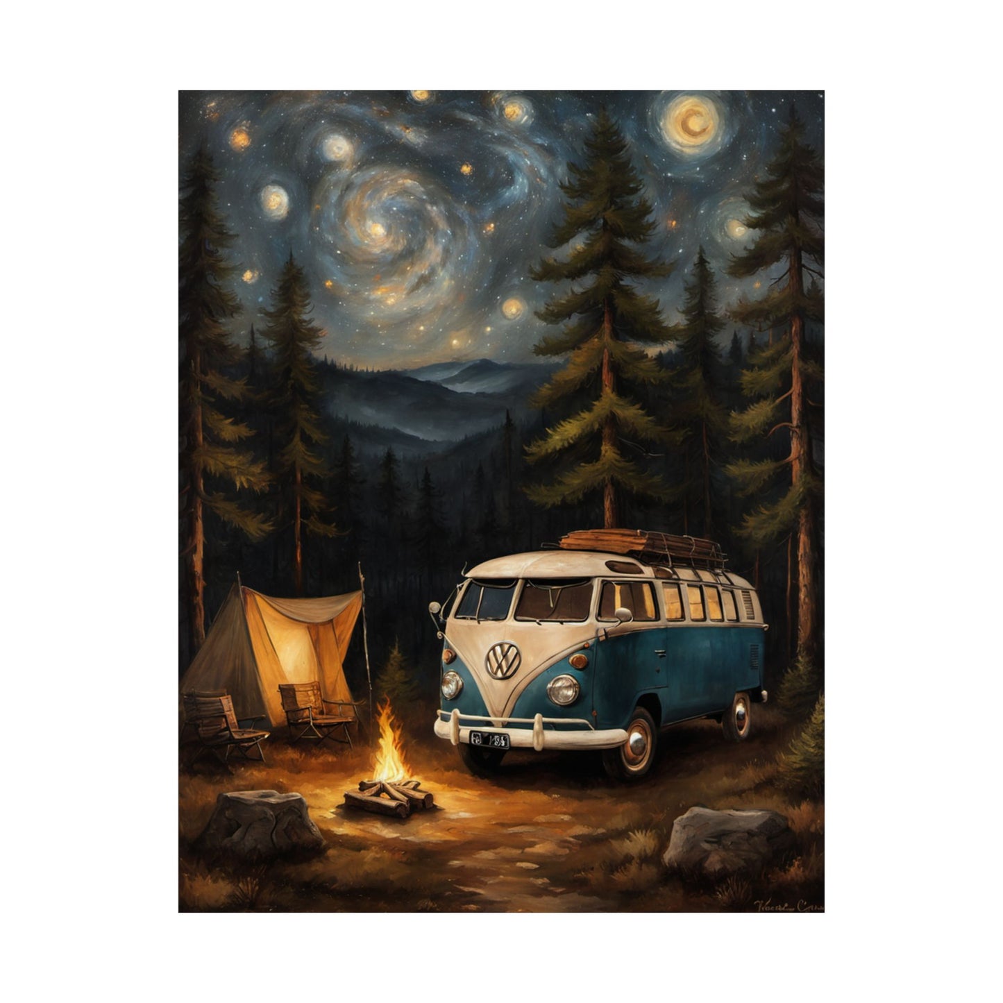 Retro Volkswagen Van and Tent in a Scenic Night Landscape for Vintage Camping Art Prints